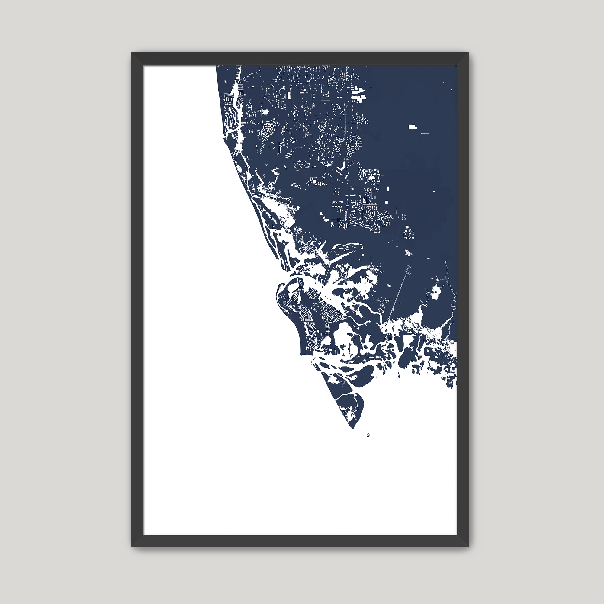 Marco Island Coastal Map — Fine Art Print Vertical, navy, Black Frame, 8x10