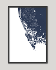 Marco Island Coastal Map — Fine Art Print Vertical, navy, Black Frame, 8x10