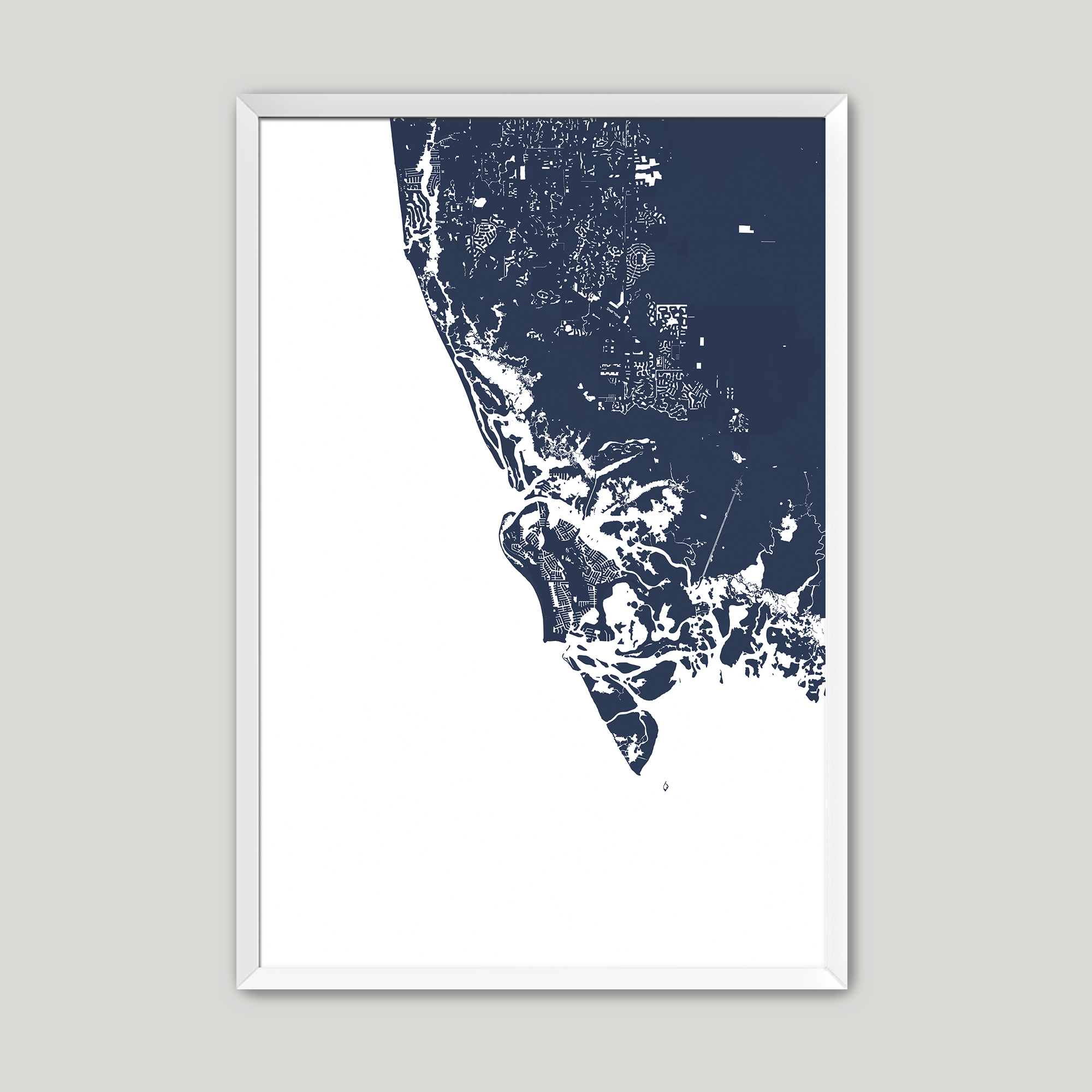 Marco Island Coastal Map — Fine Art Print Vertical, navy, White Frame, 8x10
