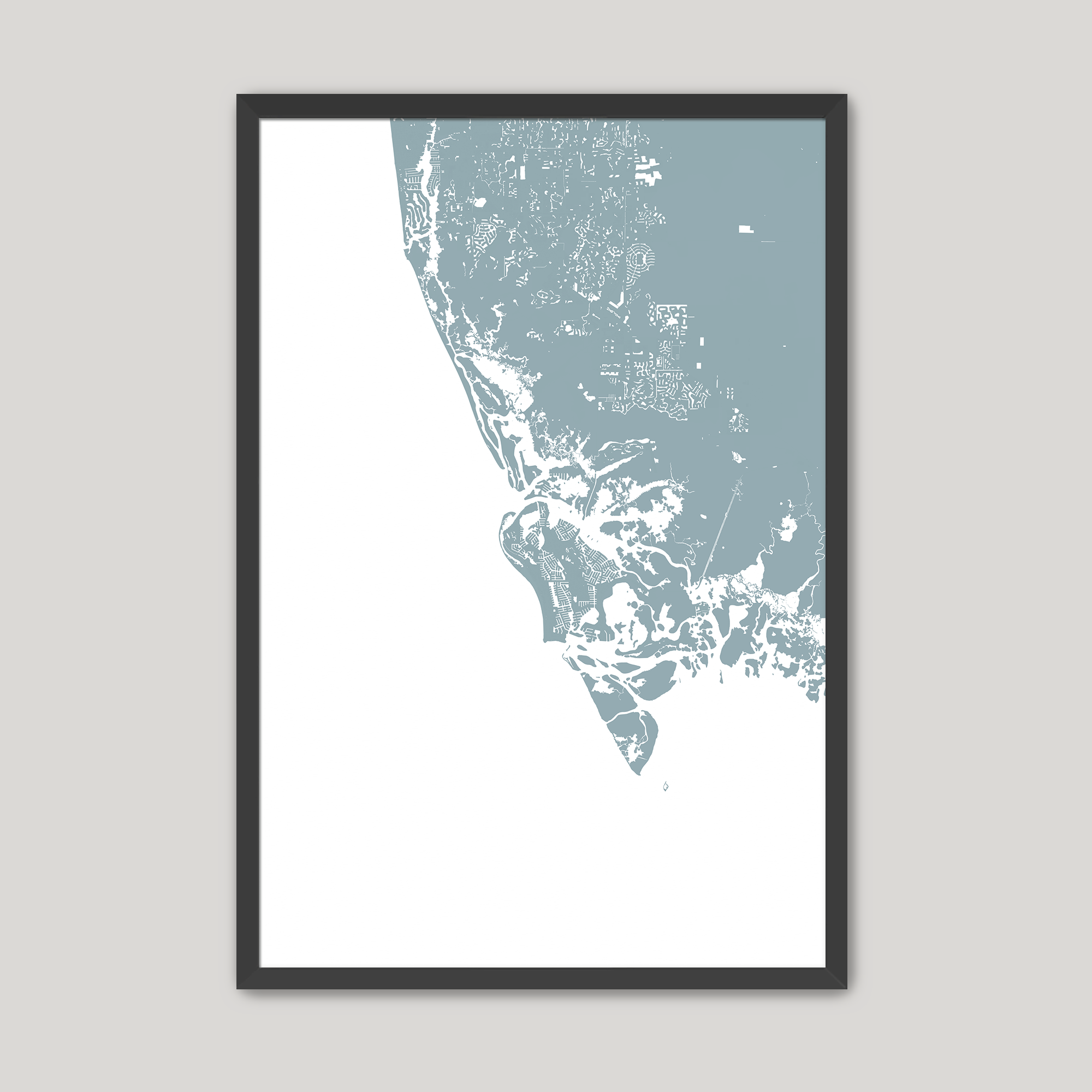 Marco Island Coastal Map — Fine Art Print Vertical, soft-blue, Black Frame, 8x10