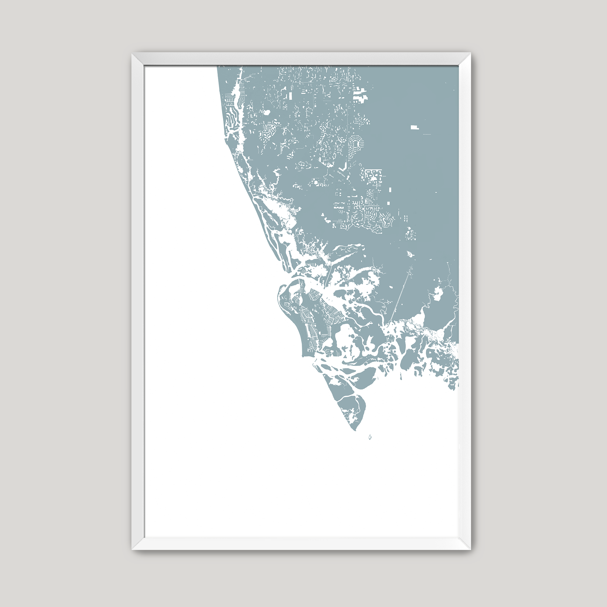 Marco Island Coastal Map — Fine Art Print Vertical, soft-blue, White Frame, 8x10