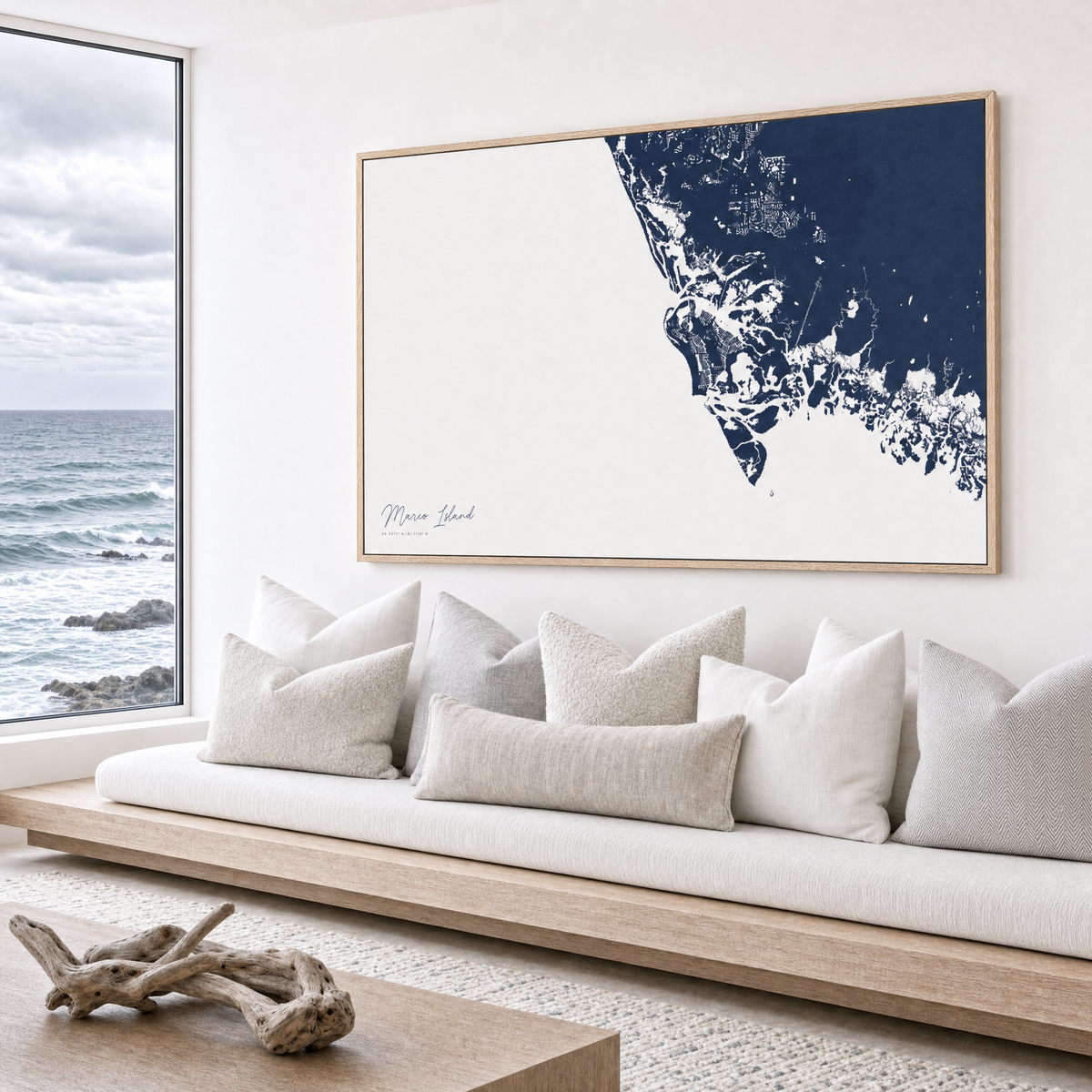 Marco Island canvas map — sea-view bench interior