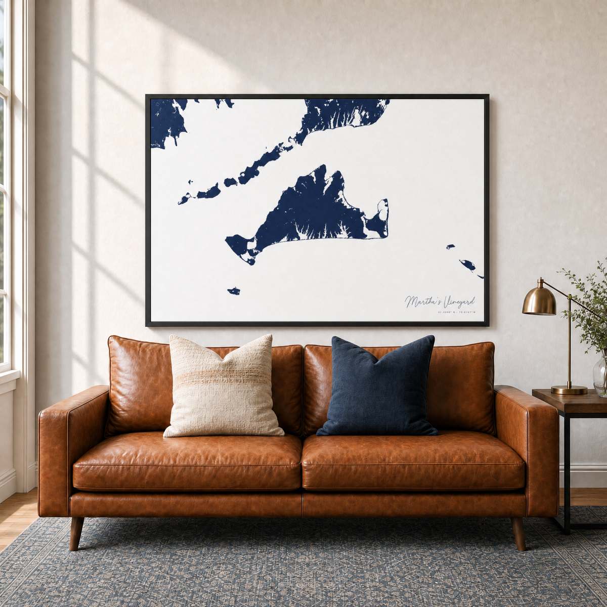 Martha's Vineyard canvas map — two-pillow black-frame sofa interior