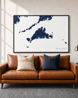 Martha's Vineyard canvas map — two-pillow black-frame sofa interior