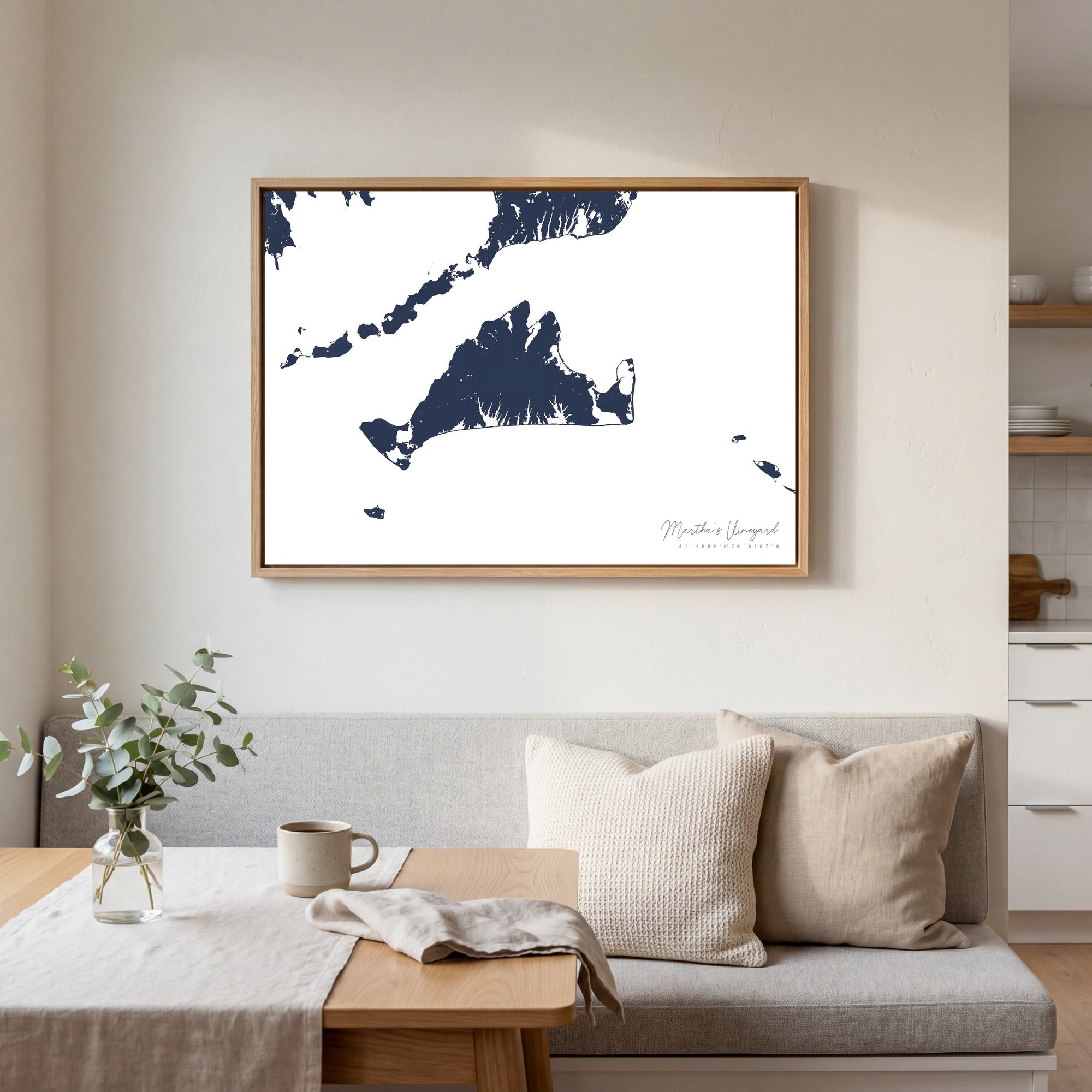 Marthas Vineyard navy horizontal canvas map in an oak framed room scene