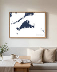 Marthas Vineyard navy horizontal canvas map in an oak framed room scene