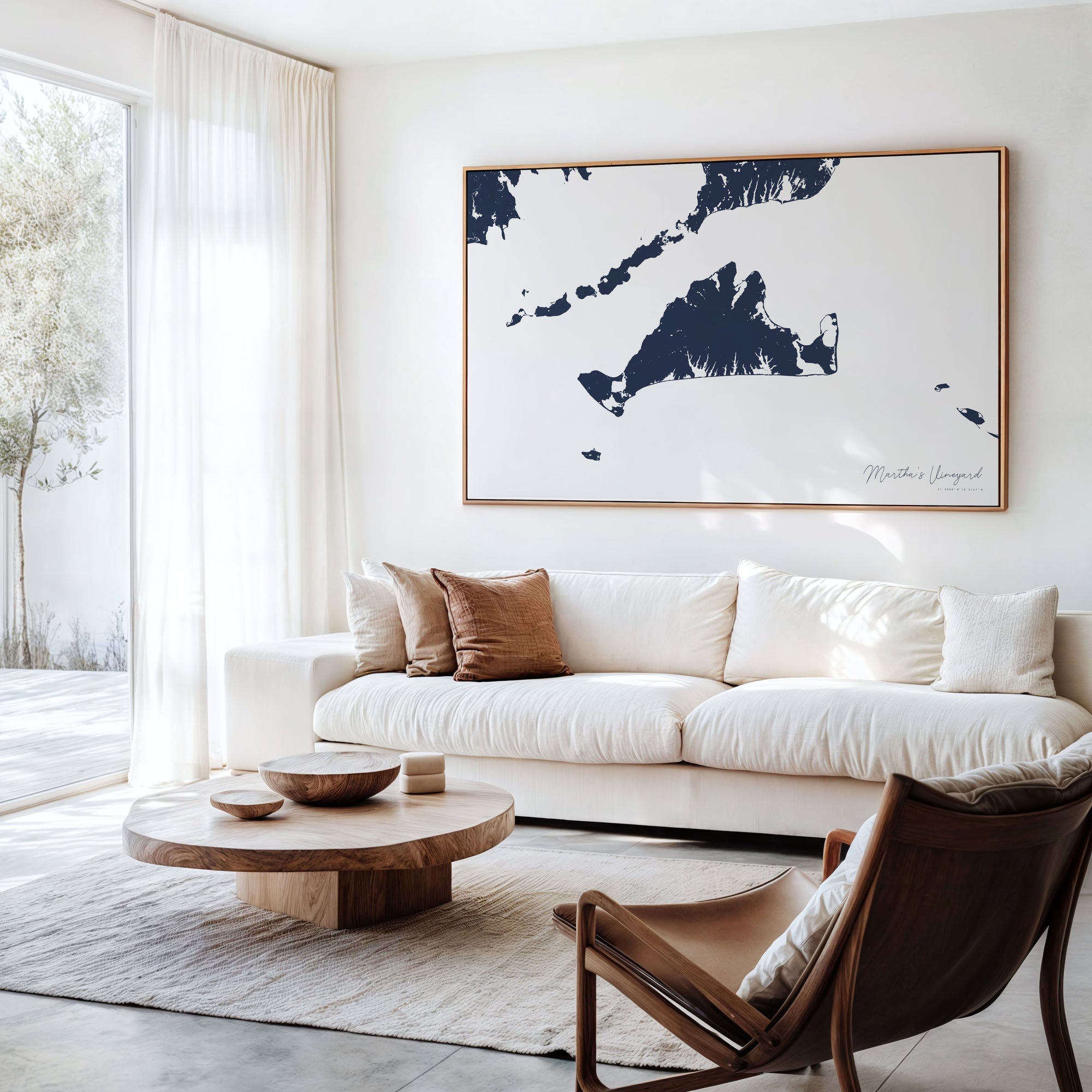 Marthas Vineyard navy horizontal canvas map in an oak framed room scene