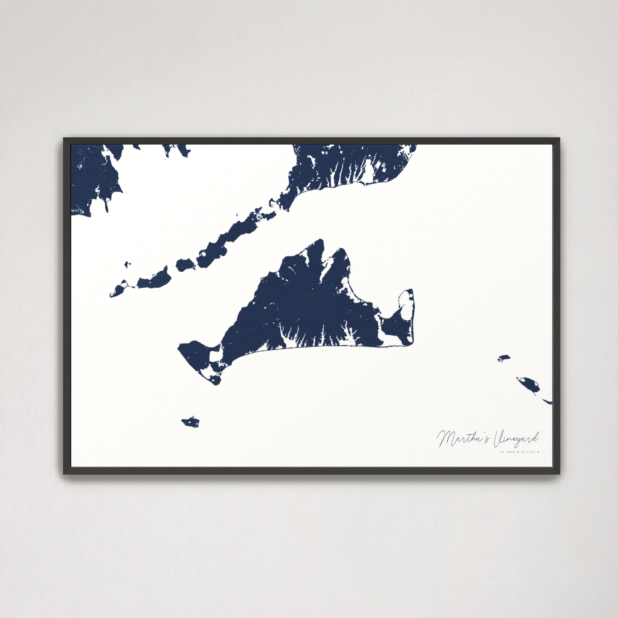 Martha's Vineyard Coastal Map — Canvas Horizontal, navy, Black Frame