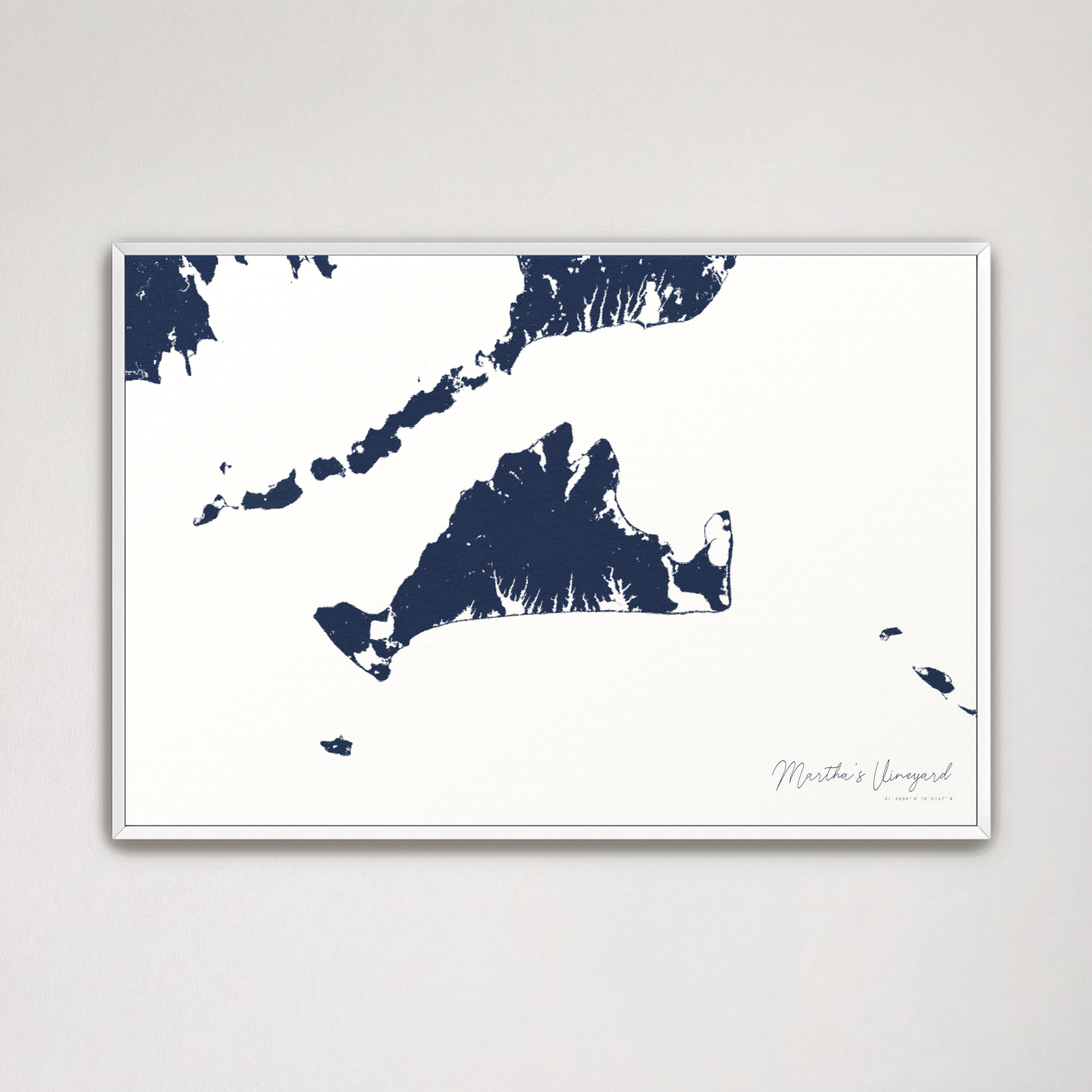 Martha's Vineyard Coastal Map — Canvas Horizontal, navy, White Frame