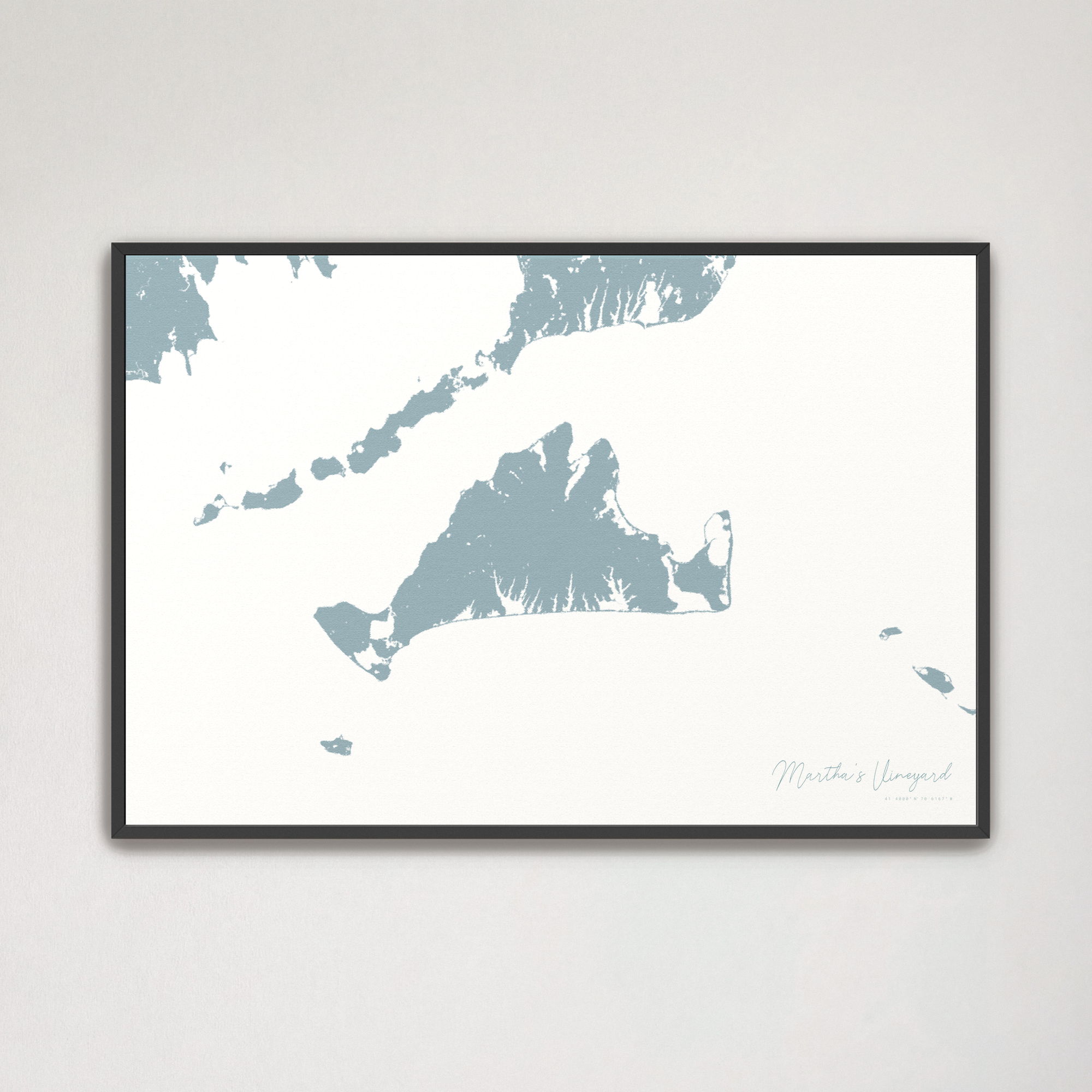 Martha's Vineyard Coastal Map — Canvas Horizontal, soft-blue, Black Frame