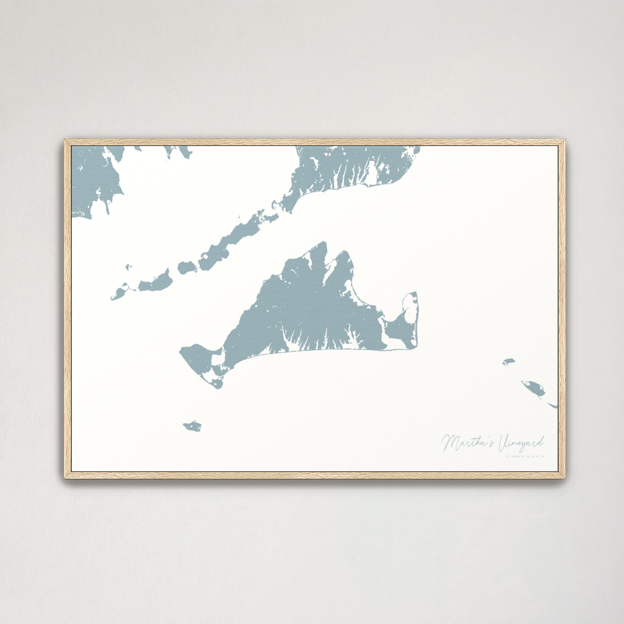 Martha's Vineyard Coastal Map — Canvas Horizontal, soft-blue, Natural Oak