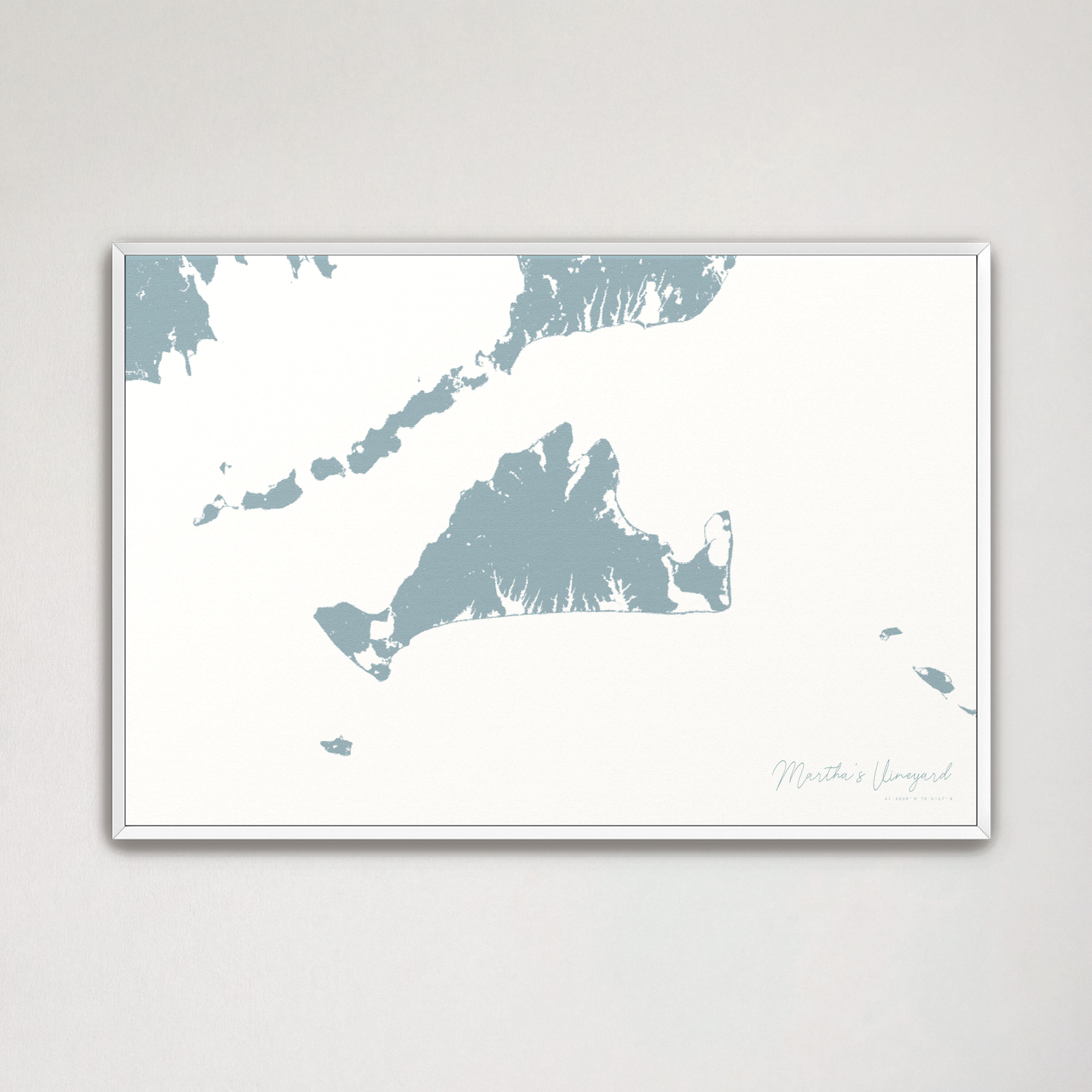 Martha's Vineyard Coastal Map — Canvas Horizontal, soft-blue, White Frame