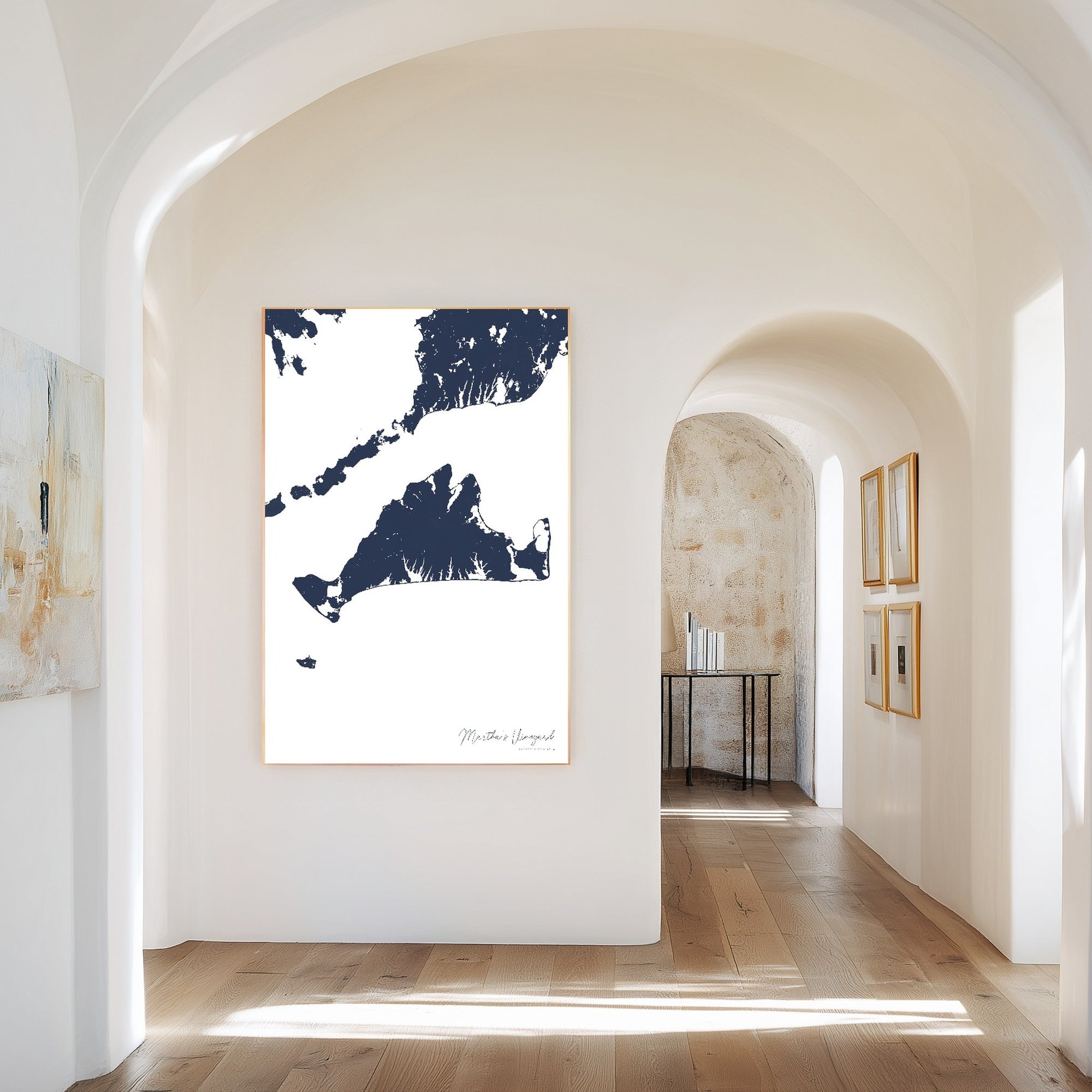 Marthas Vineyard navy vertical canvas map in the Bello mixed room scene