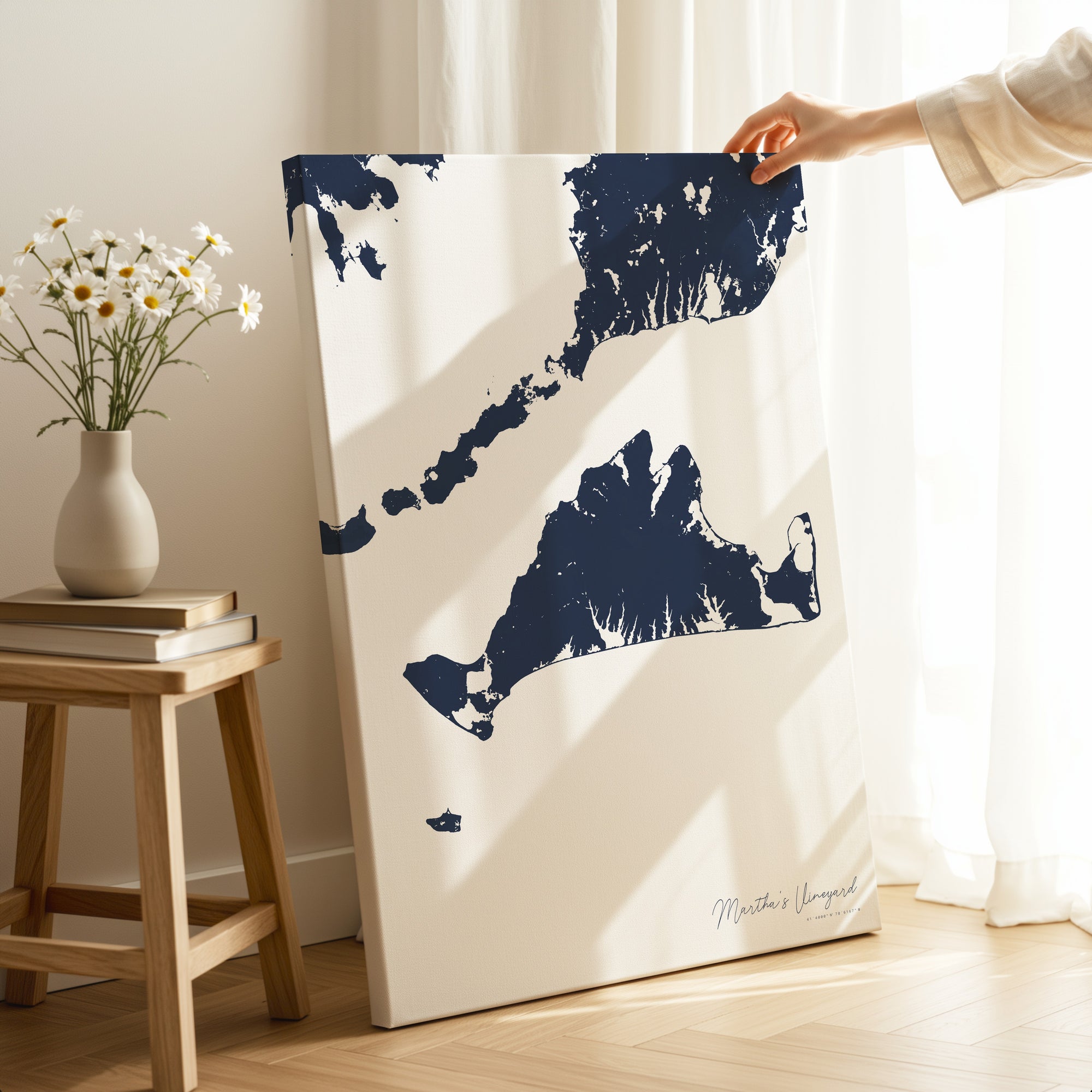 Marthas Vineyard navy vertical wrapped canvas map in the ratio 2:3 hand mockup