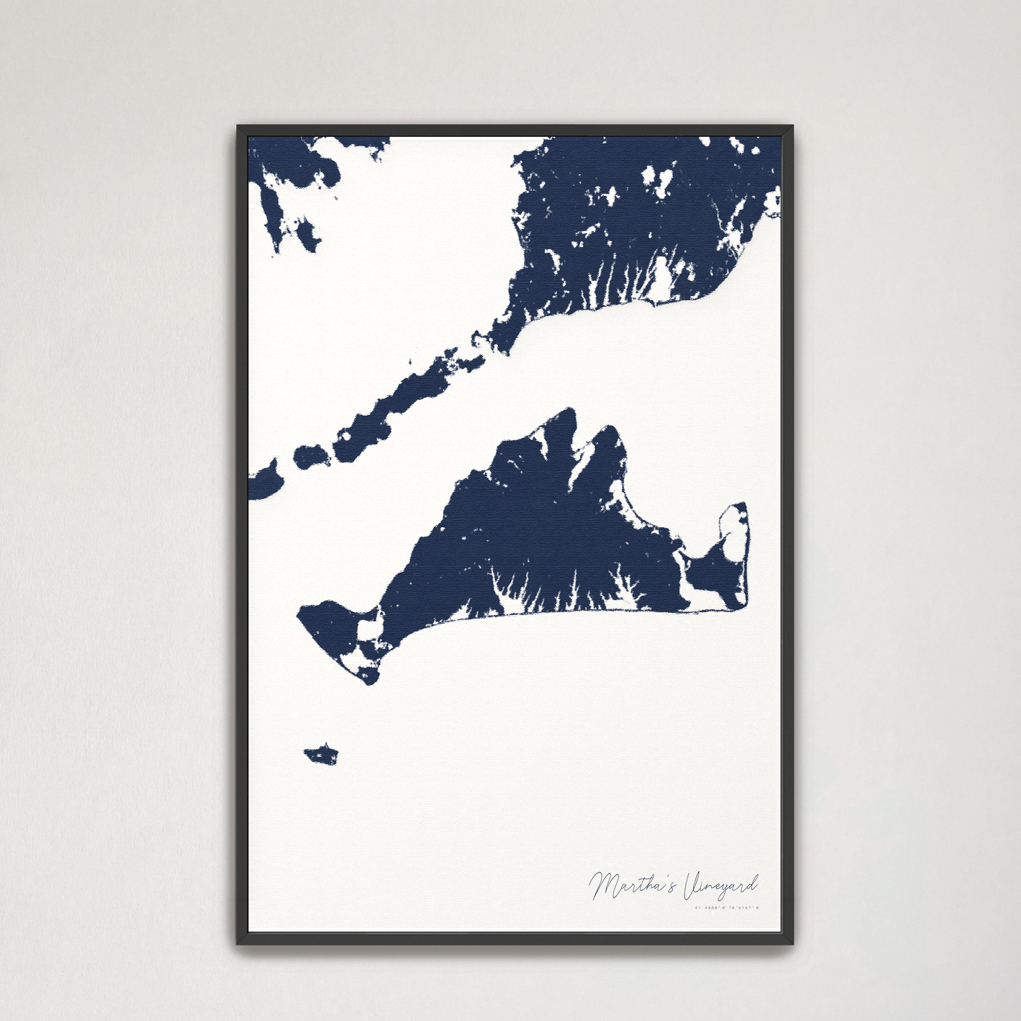 Martha's Vineyard Coastal Map — Canvas Vertical, navy, Black Frame