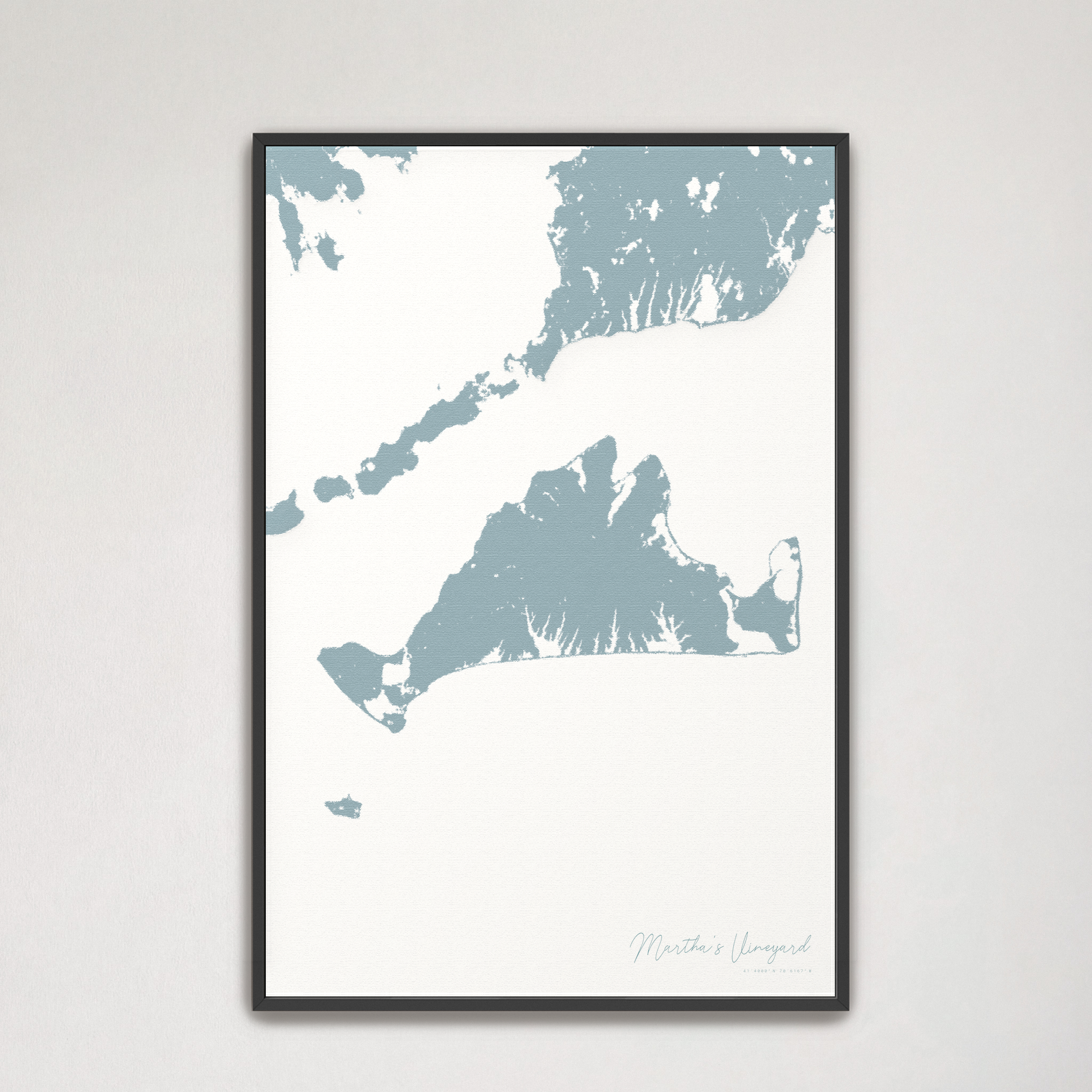 Martha's Vineyard Coastal Map — Canvas Vertical, soft-blue, Black Frame