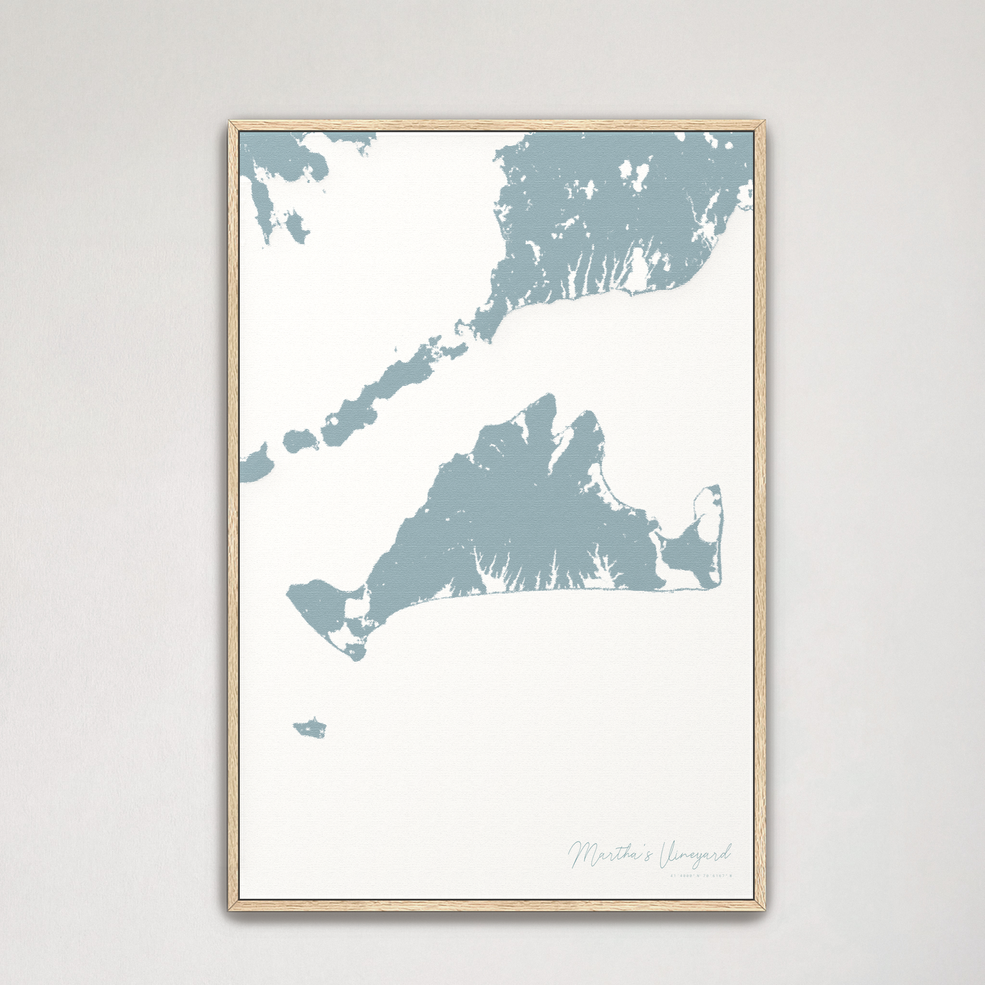 Martha's Vineyard Coastal Map — Canvas Vertical, soft-blue, Natural Oak