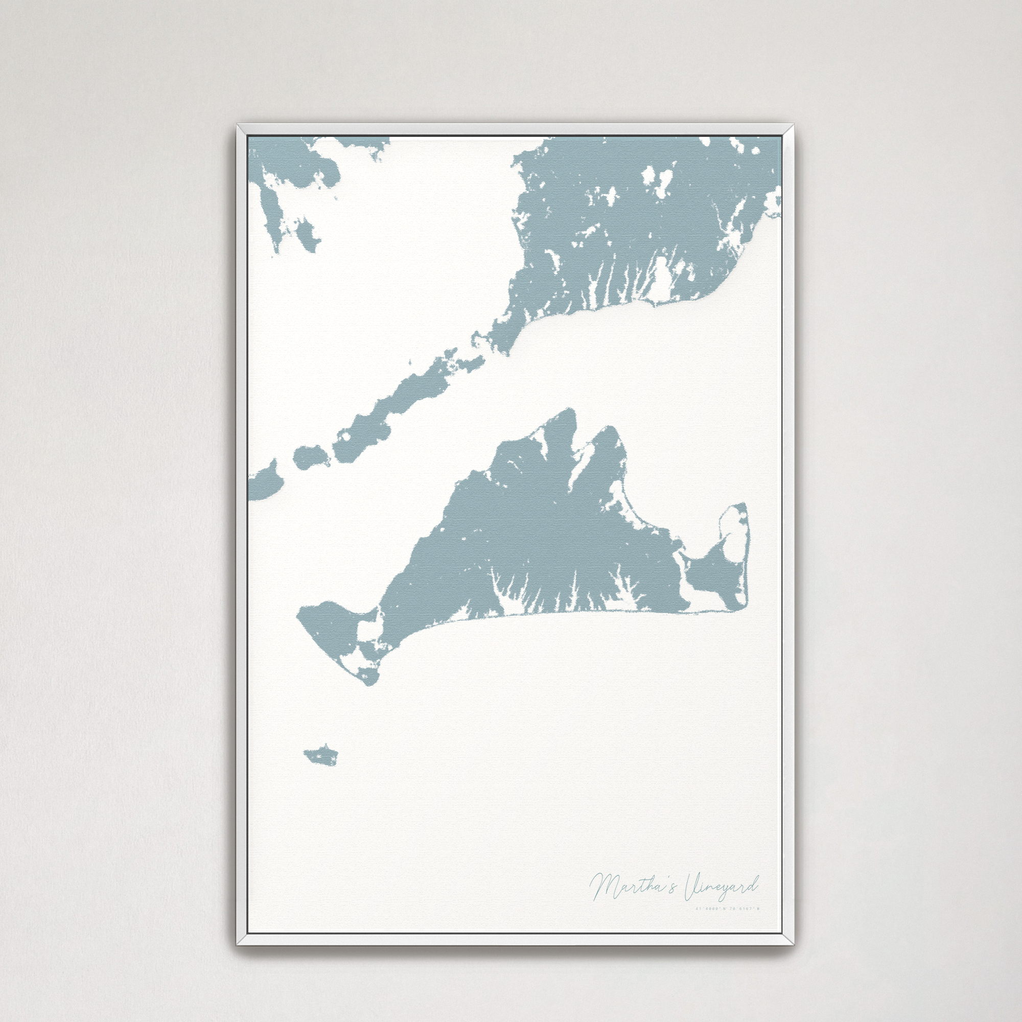 Martha's Vineyard Coastal Map — Canvas Vertical, soft-blue, White Frame