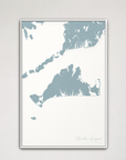 Martha's Vineyard Coastal Map — Canvas Vertical, soft-blue, White Frame