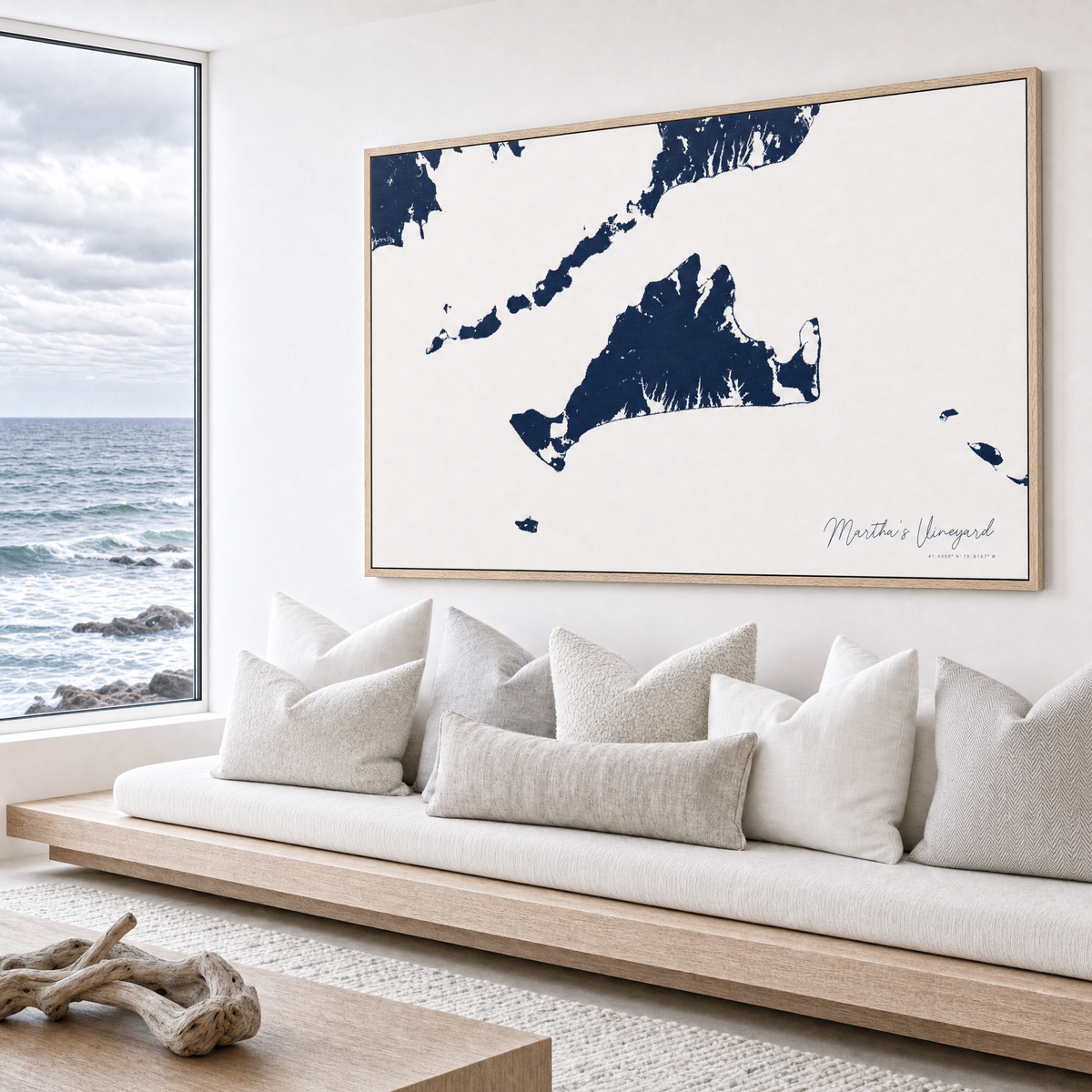 Martha's Vineyard canvas map — sea-view bench interior