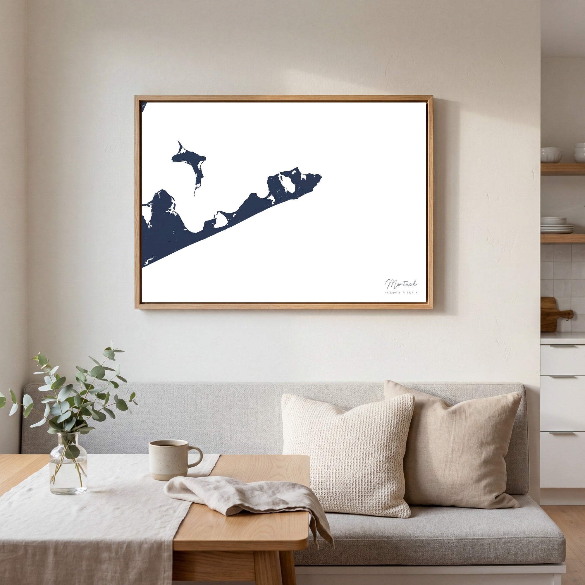 Montauk navy horizontal canvas map in an oak framed room scene