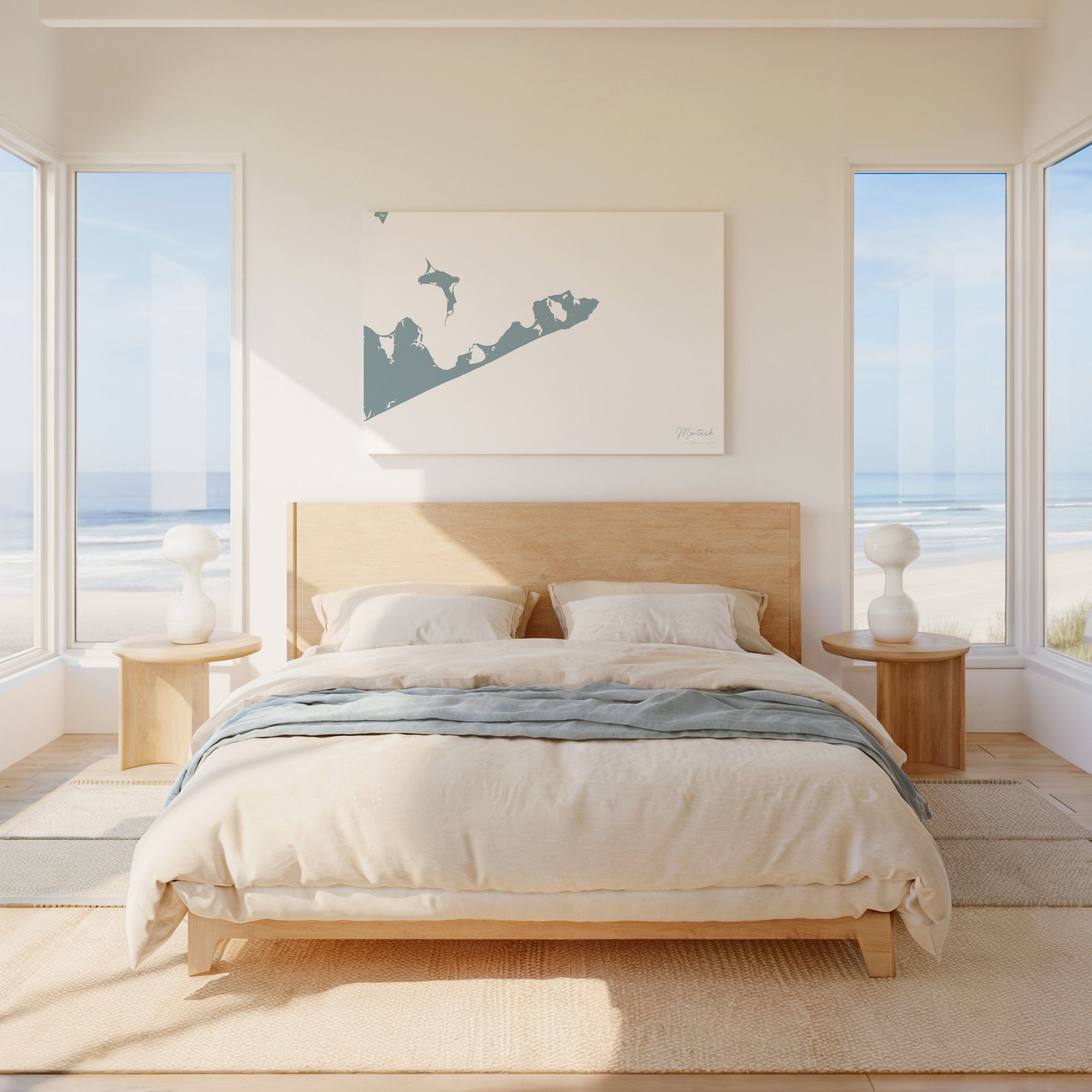 Montauk soft blue horizontal wrapped canvas map in the ratio 3:2 hand mockup