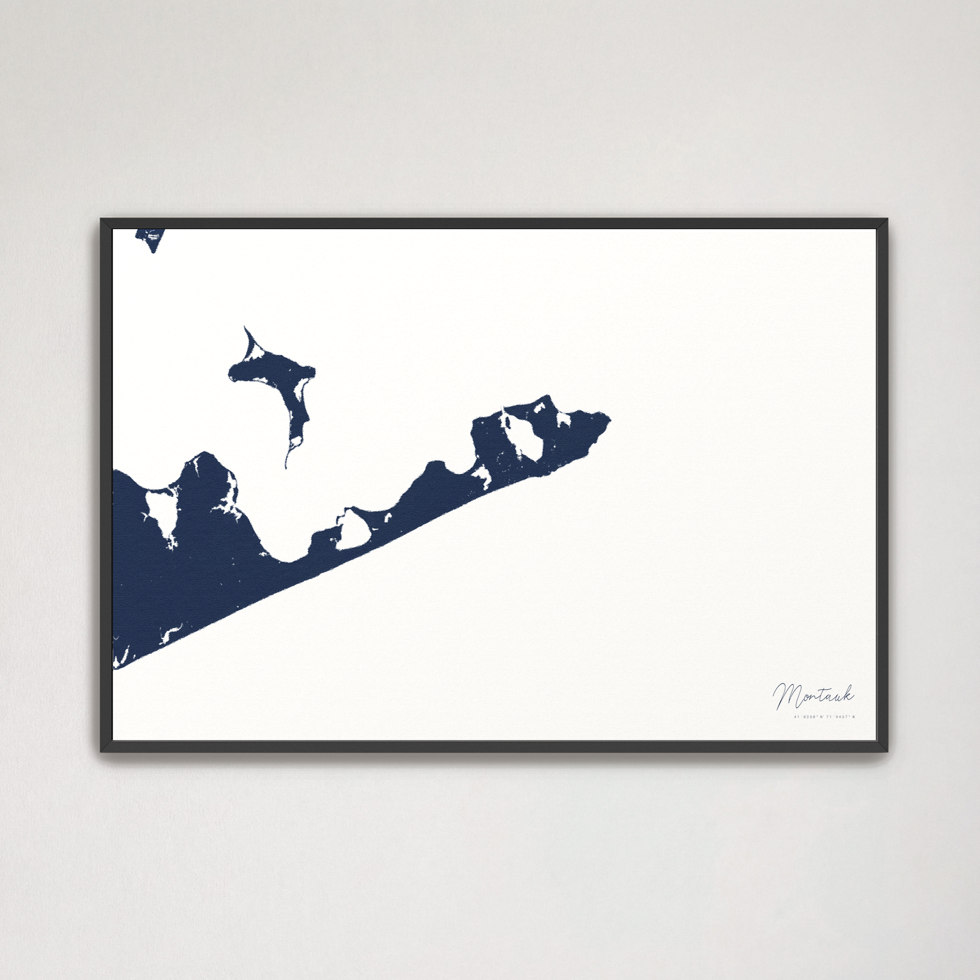 Montauk Coastal Map — Canvas Horizontal, navy, Black Frame