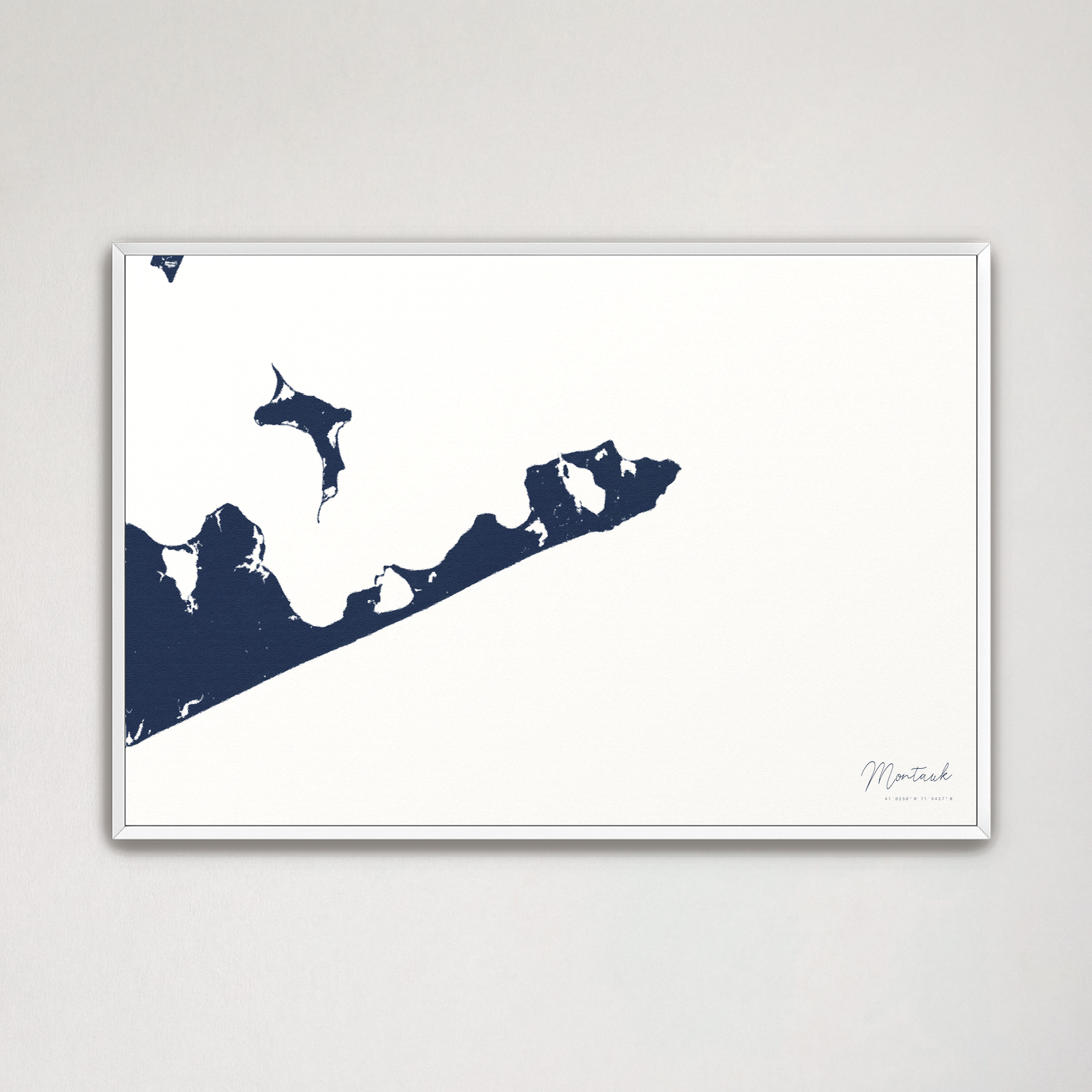 Montauk Coastal Map — Canvas Horizontal, navy, White Frame