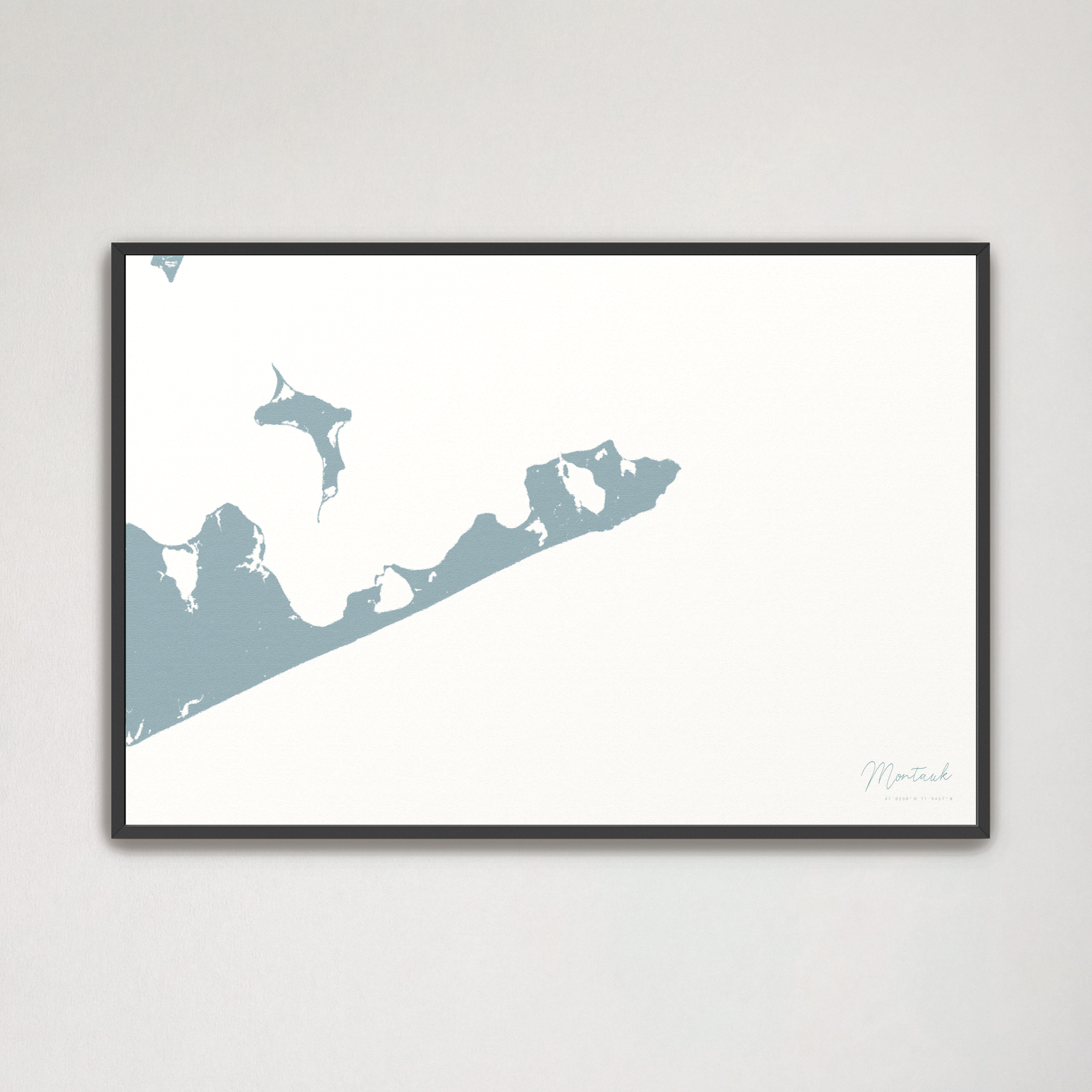 Montauk Coastal Map — Canvas Horizontal, soft-blue, Black Frame