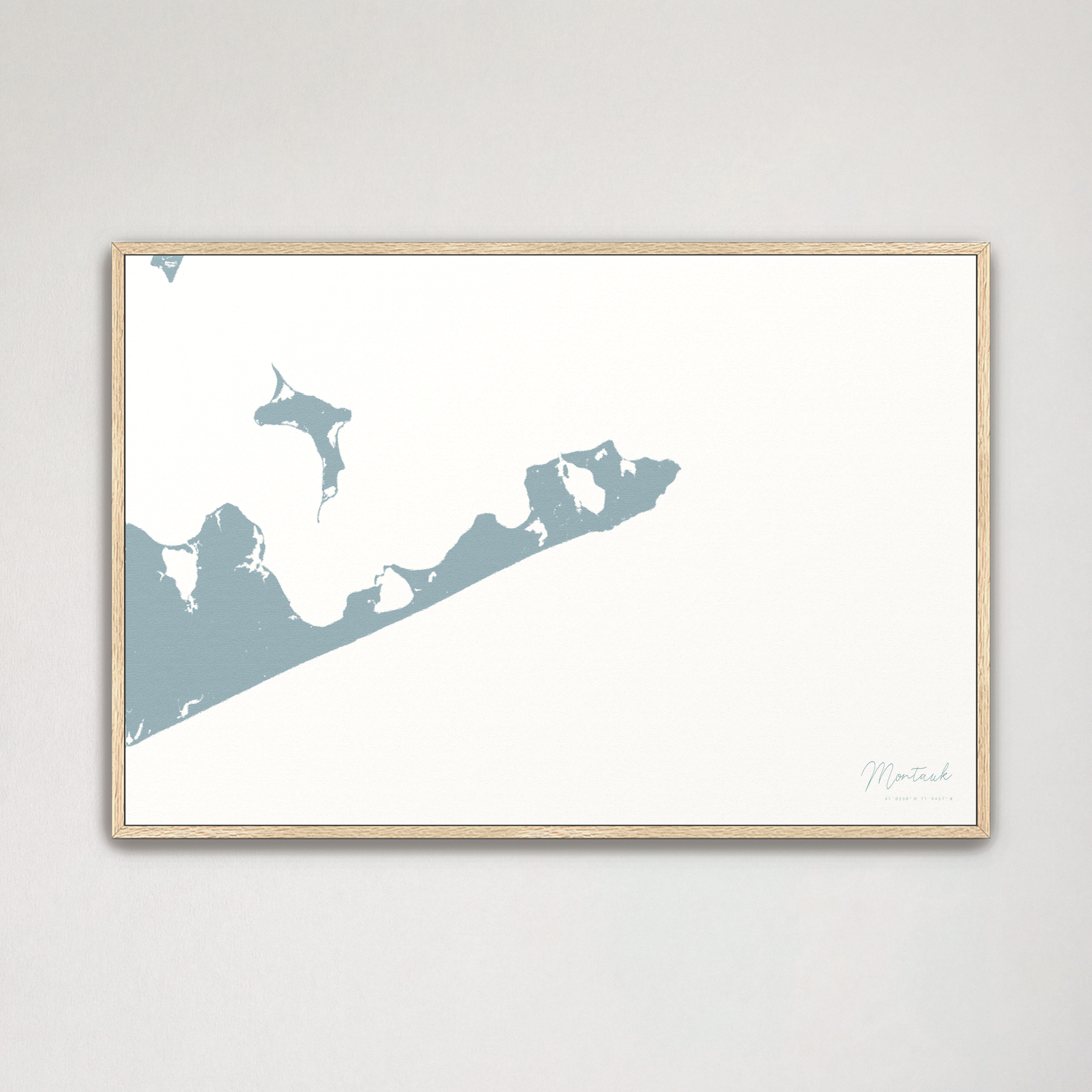 Montauk Coastal Map — Canvas Horizontal, soft-blue, Natural Oak