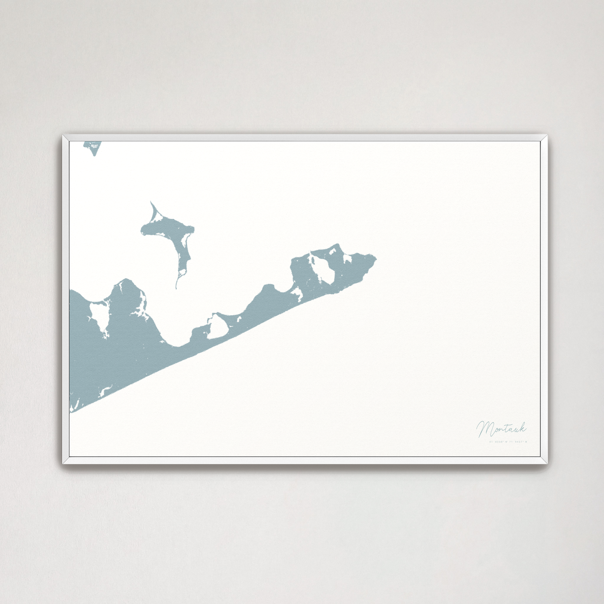 Montauk Coastal Map — Canvas Horizontal, soft-blue, White Frame