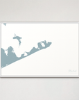 Montauk Coastal Map — Canvas Horizontal, soft-blue, White Frame