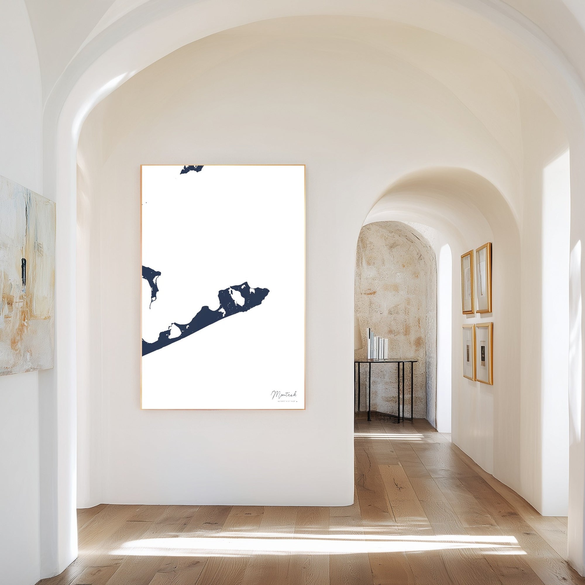 Montauk navy vertical canvas map in the Bello mixed room scene