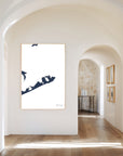 Montauk navy vertical canvas map in the Bello mixed room scene