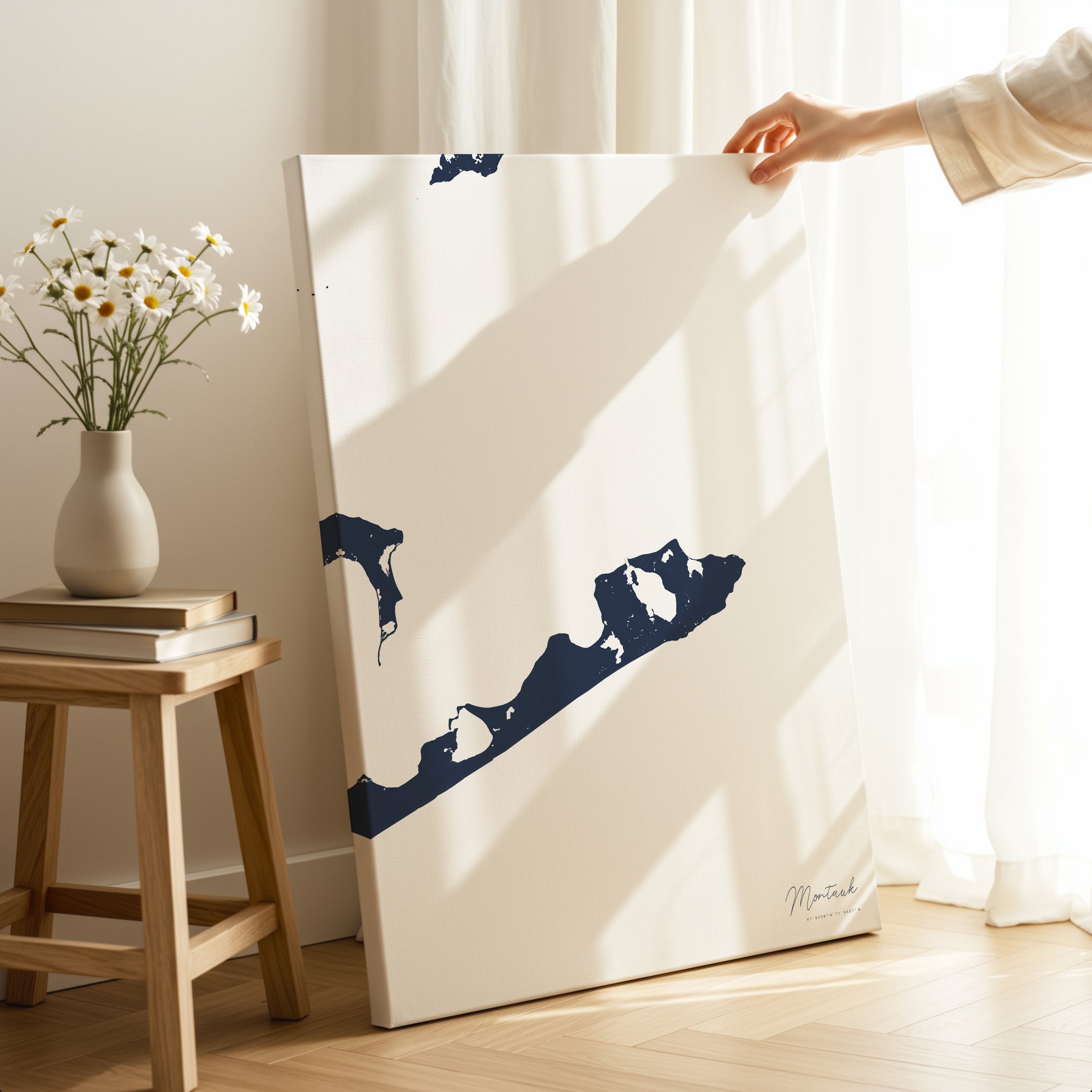 Montauk navy vertical wrapped canvas map in the ratio 2:3 hand mockup
