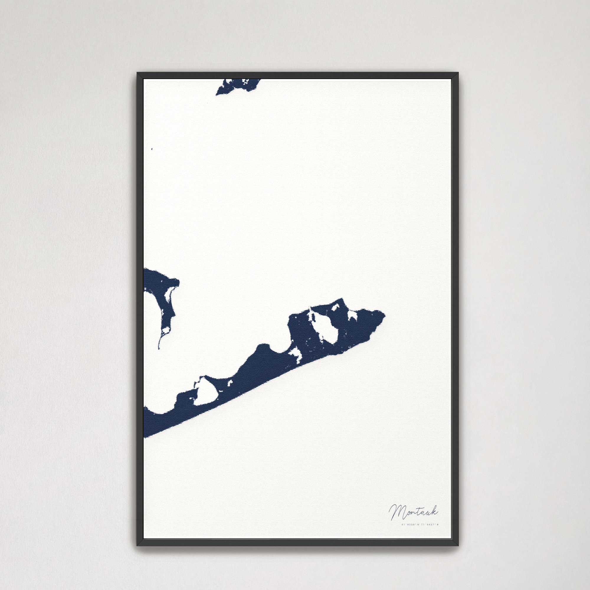 Montauk Coastal Map — Canvas Vertical, navy, Black Frame