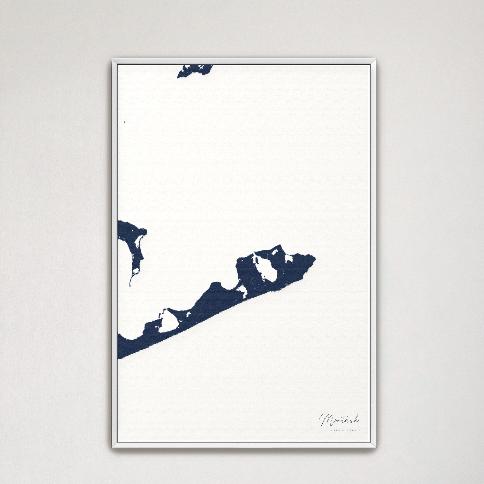 Montauk Coastal Map — Canvas Vertical, navy, White Frame