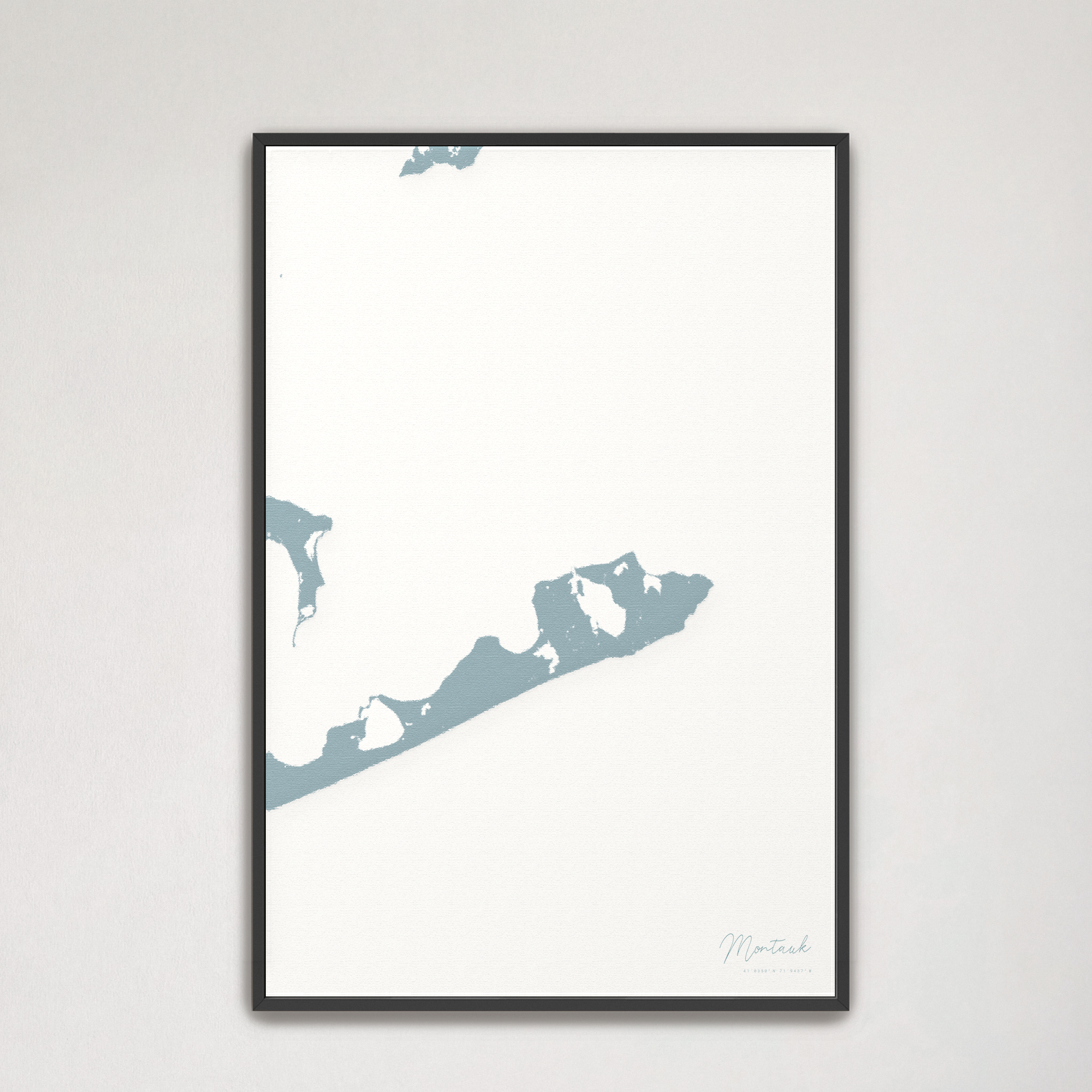 Montauk Coastal Map — Canvas Vertical, soft-blue, Black Frame