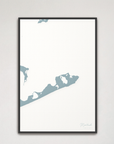 Montauk Coastal Map — Canvas Vertical, soft-blue, Black Frame