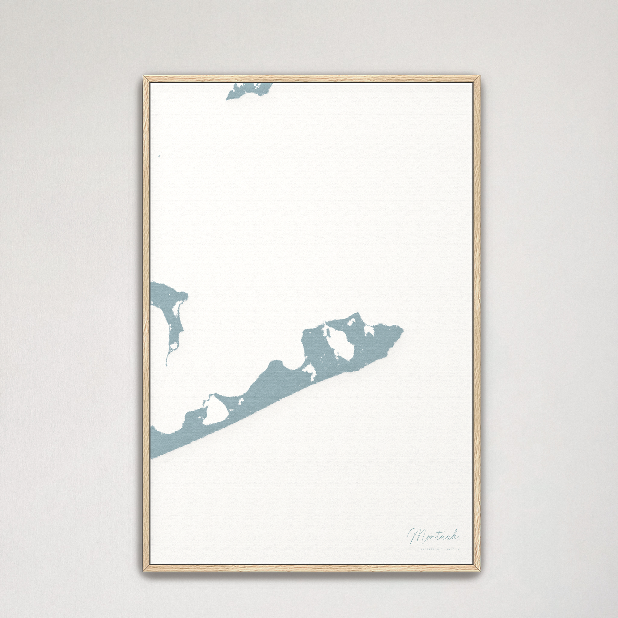 Montauk Coastal Map — Canvas Vertical, soft-blue, Natural Oak