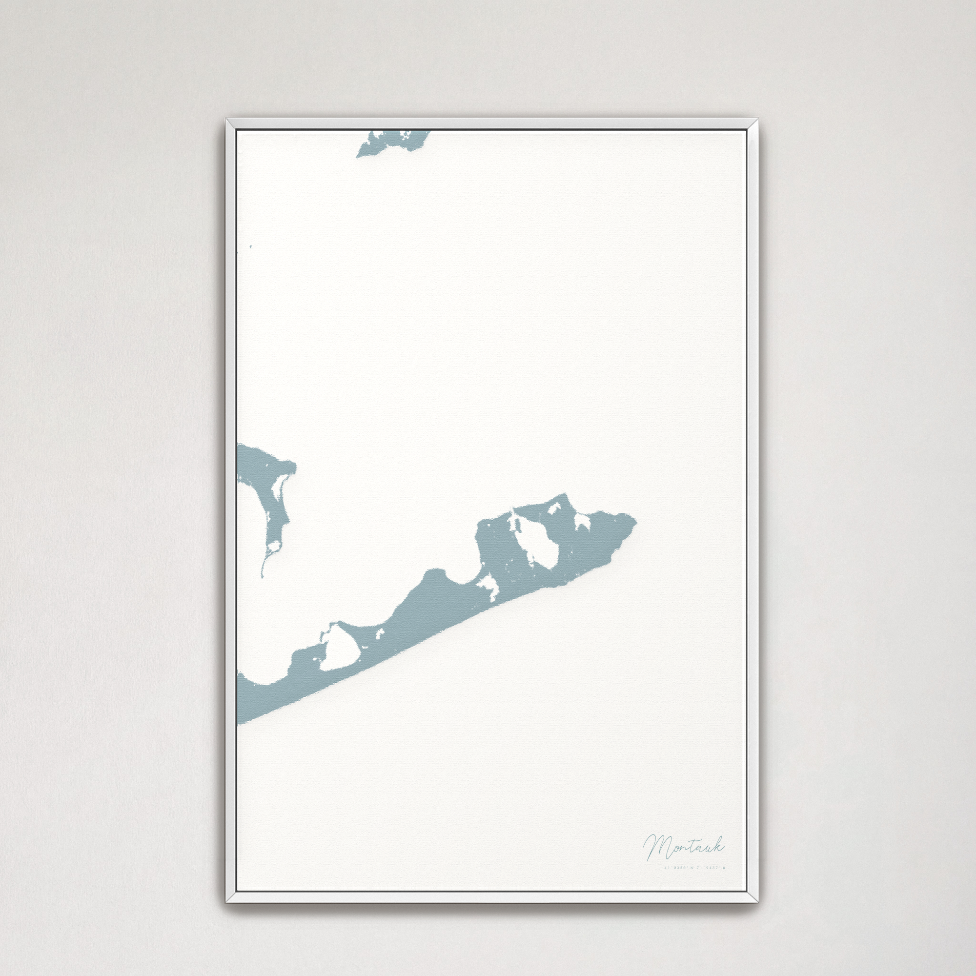 Montauk Coastal Map — Canvas Vertical, soft-blue, White Frame