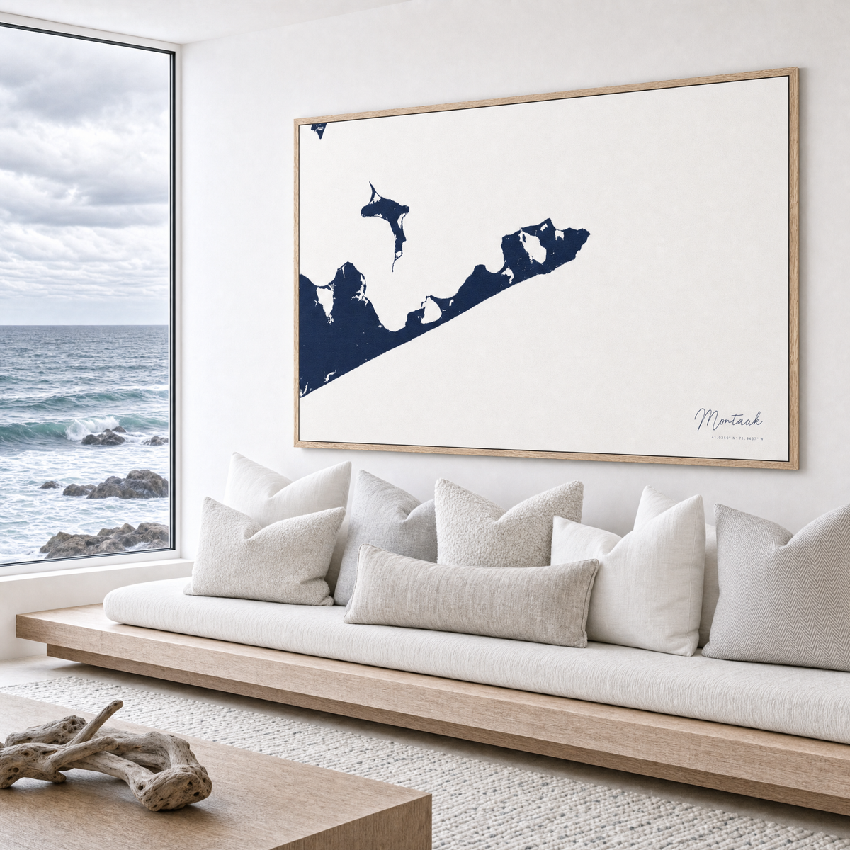 Montauk canvas map — sea-view bench interior