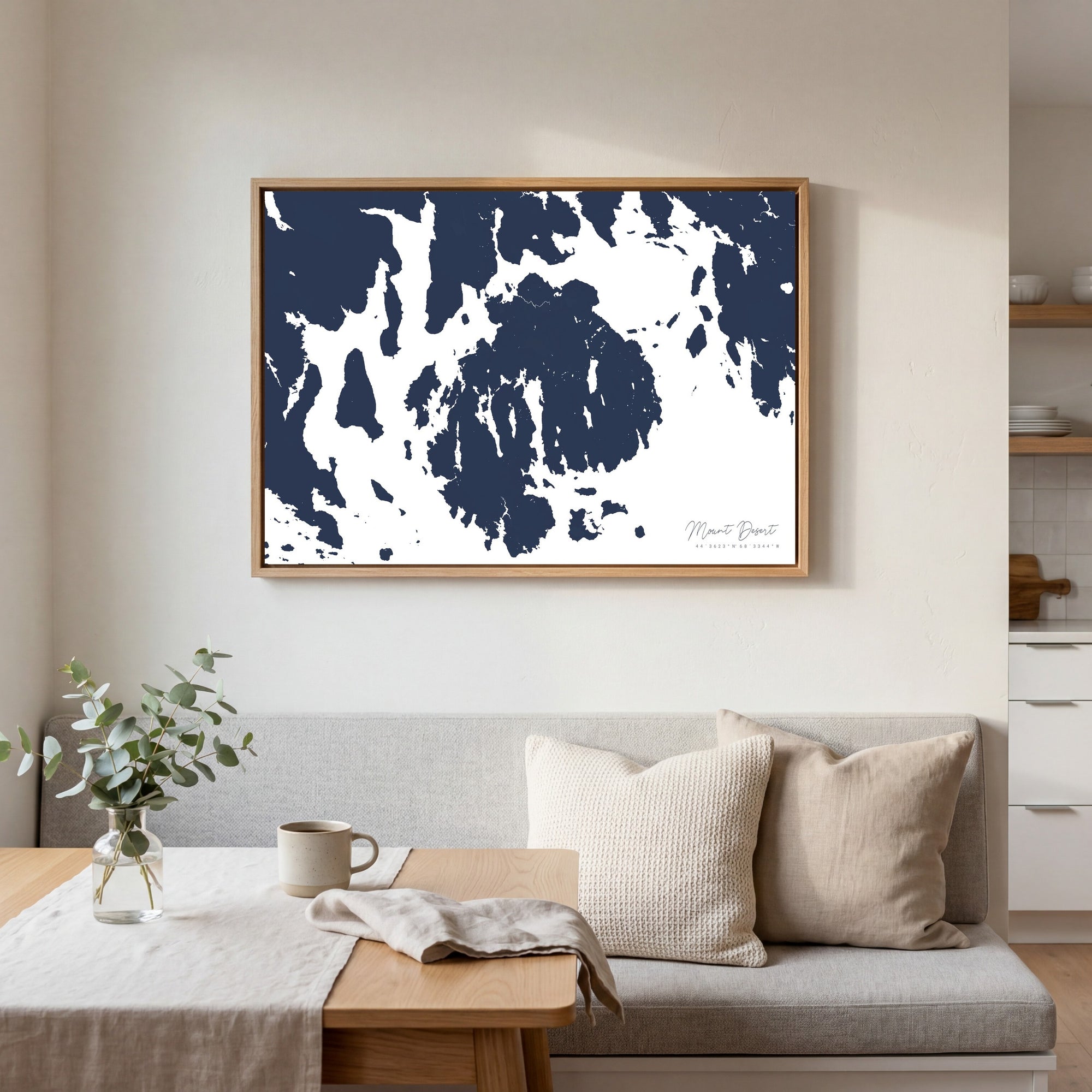 Mount Desert navy horizontal canvas map in an oak framed room scene