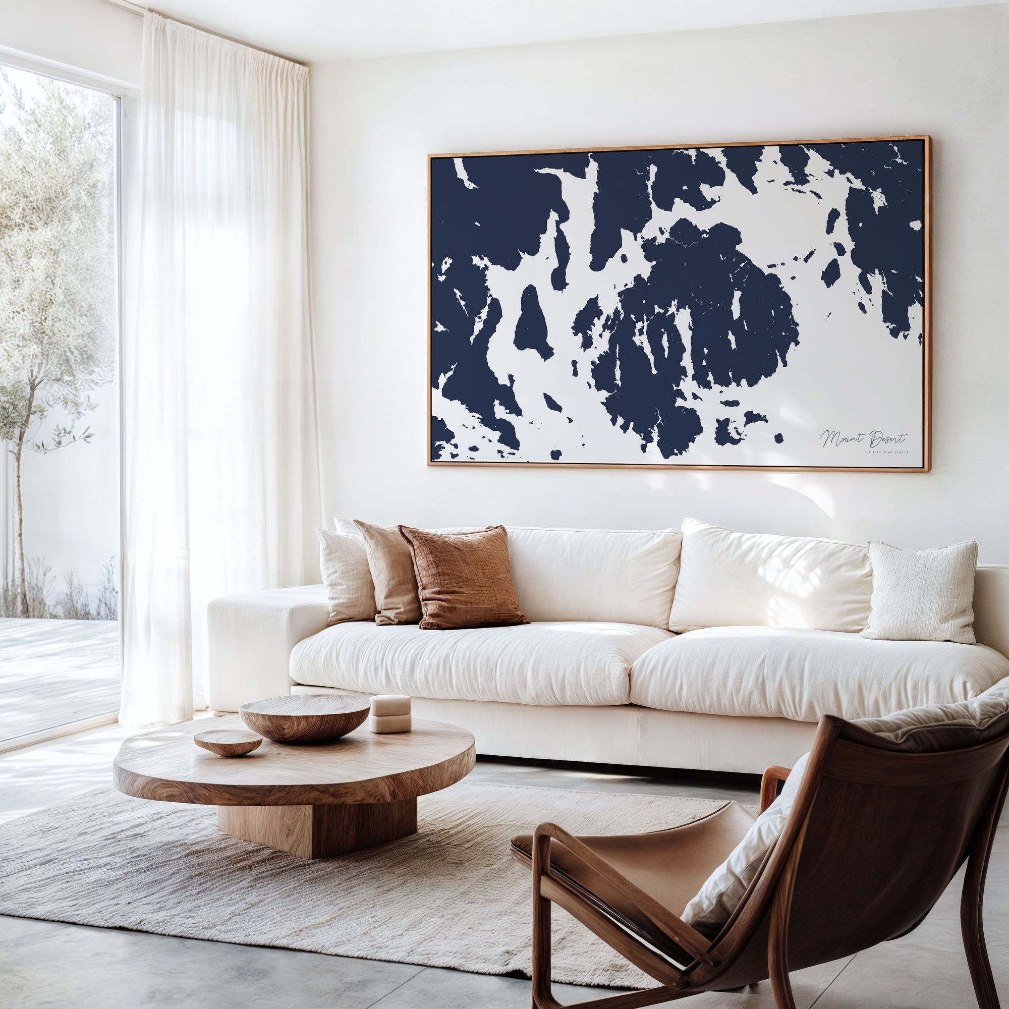 Mount Desert navy horizontal canvas map in an oak framed room scene