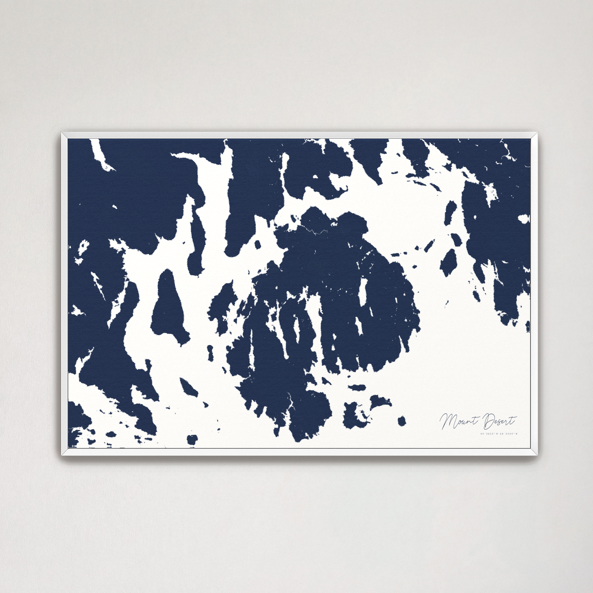 Mount Desert Coastal Map — Canvas Horizontal, navy, White Frame