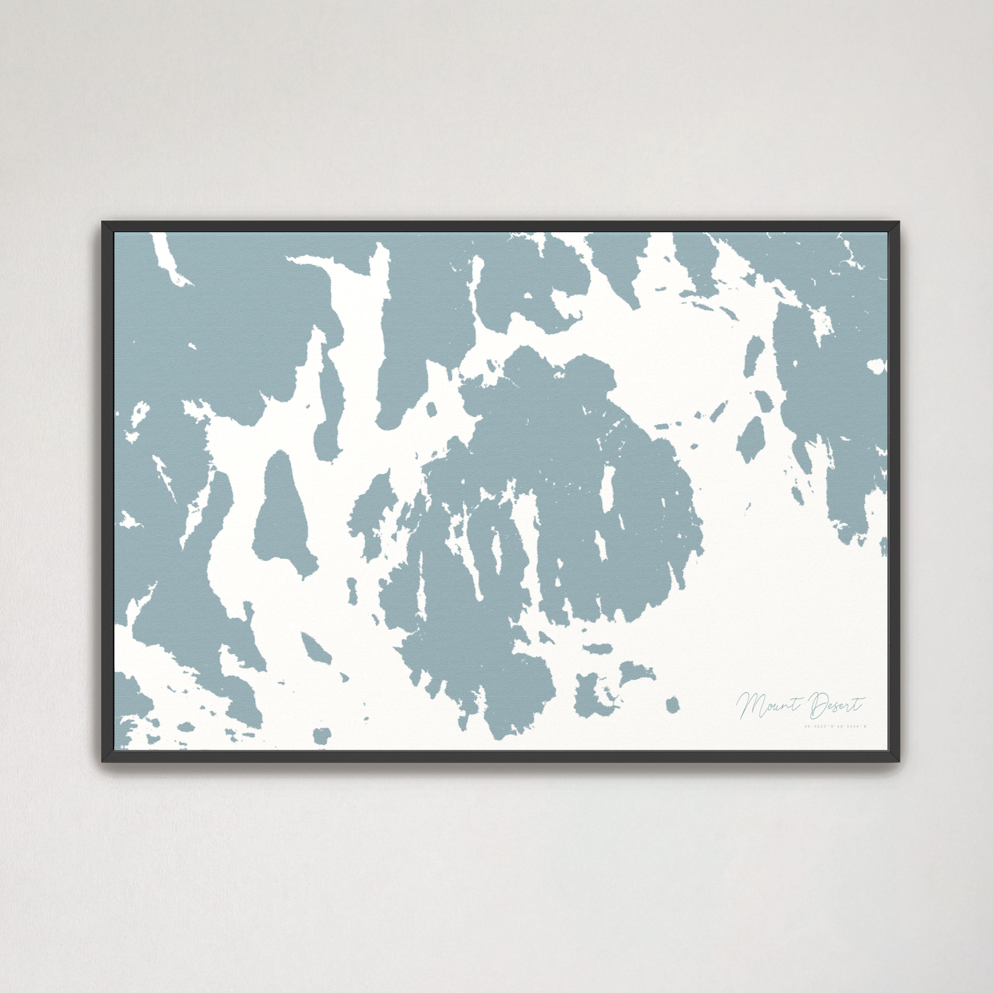 Mount Desert Coastal Map — Canvas Horizontal, soft-blue, Black Frame