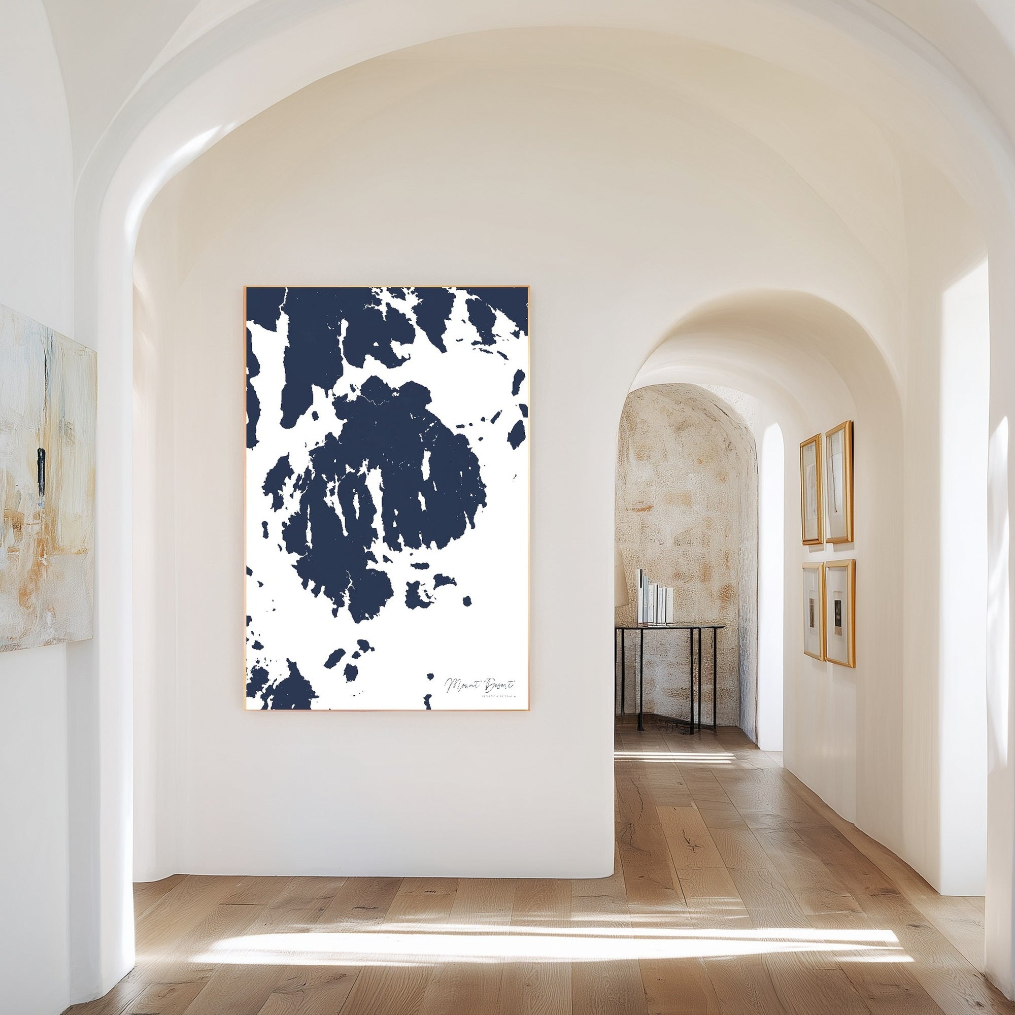 Mount Desert navy vertical canvas map in the Bello mixed room scene