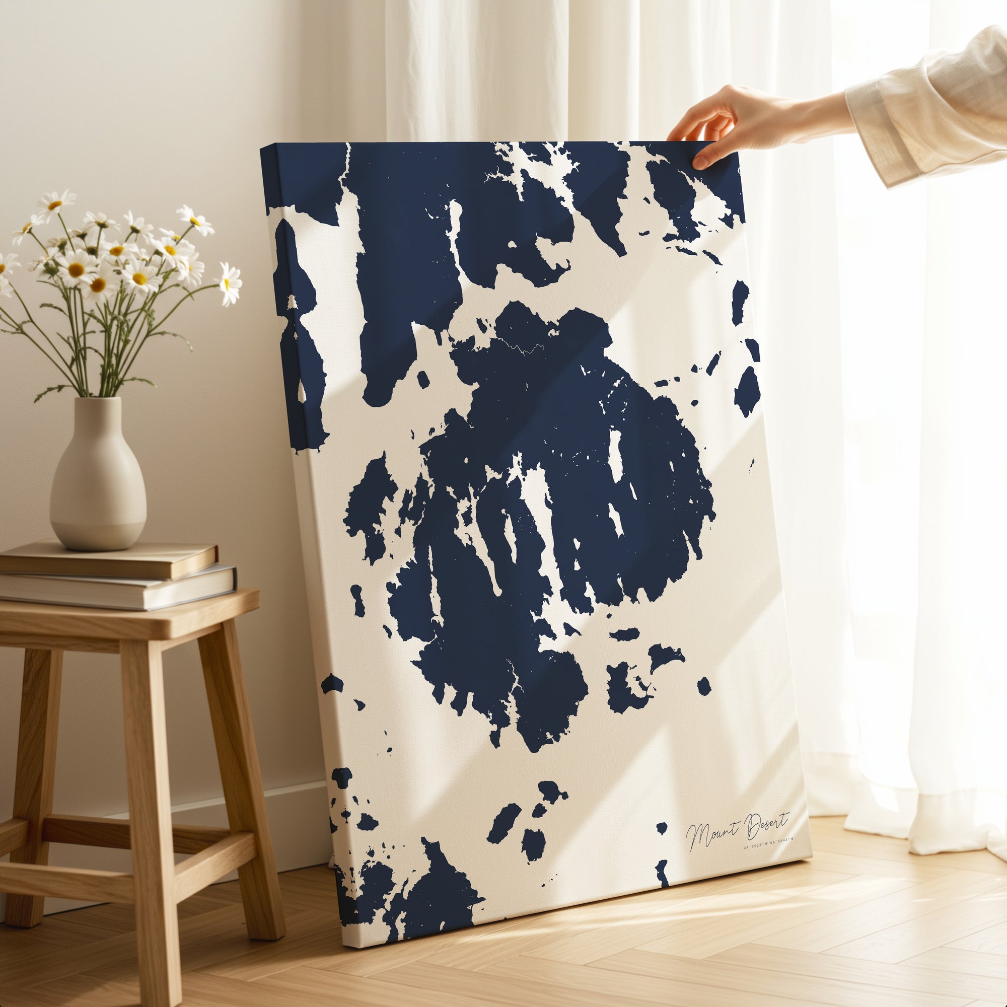 Mount Desert navy vertical wrapped canvas map in the ratio 2:3 hand mockup