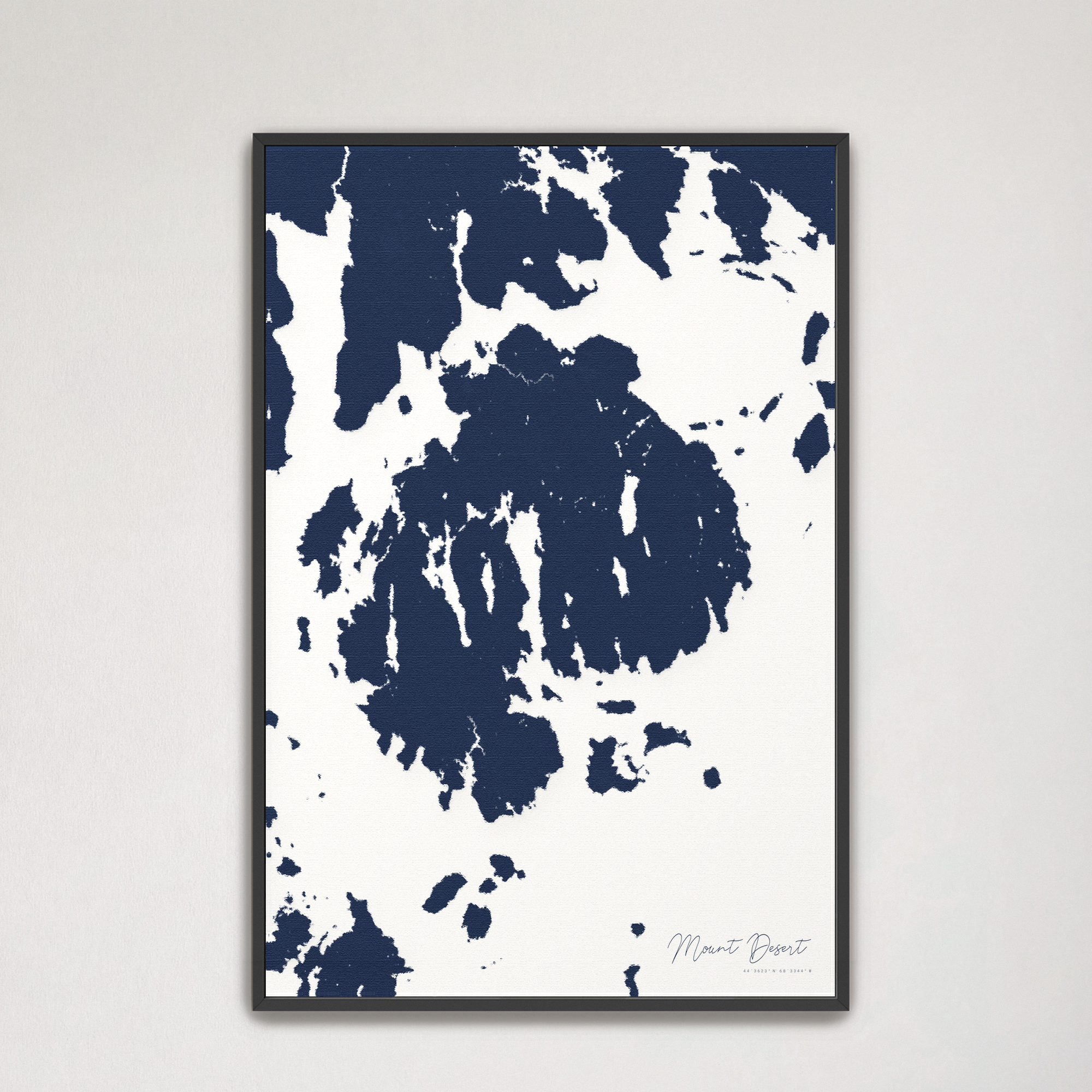 Mount Desert Coastal Map — Canvas Vertical, navy, Black Frame