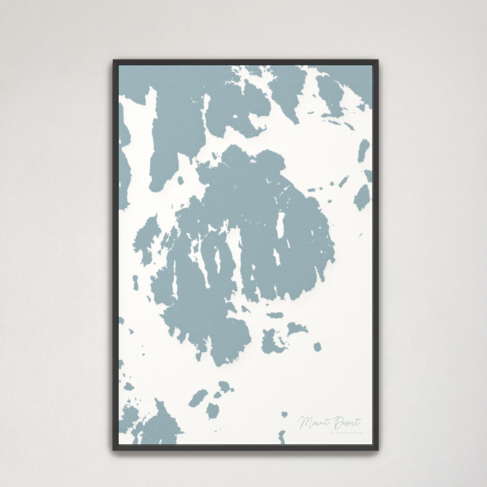 Mount Desert Coastal Map — Canvas Vertical, soft-blue, Black Frame